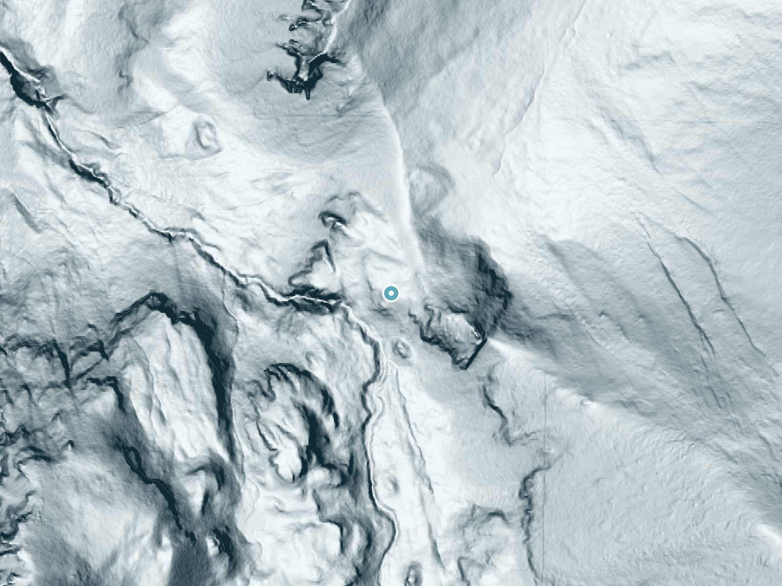 LiDAR bare-earth terrain around Affi Falls near Greenwater, Washington, showing about 275 feet of drop, a steep tiered drop, facing west