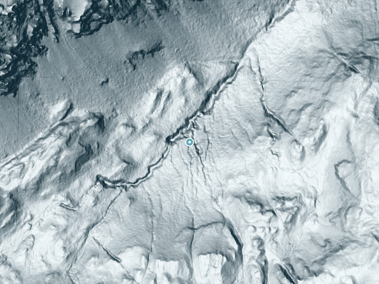 LiDAR bare-earth terrain around Cataract Falls near Carbonado, Washington, showing about 294 feet of drop, a steep tiered drop, facing north