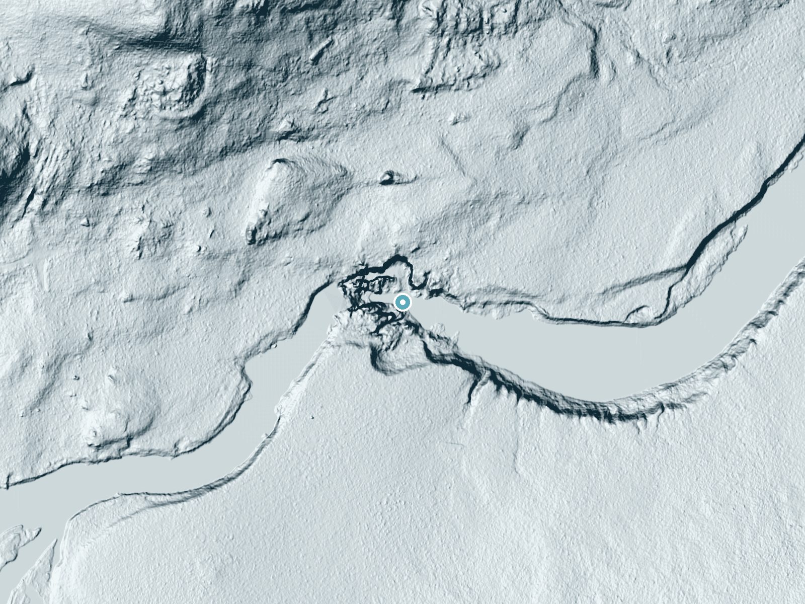 LiDAR bare-earth terrain around Allagash Falls near Grand Isle, Maine, showing about 50 feet of drop, a steep tiered drop, facing northeast