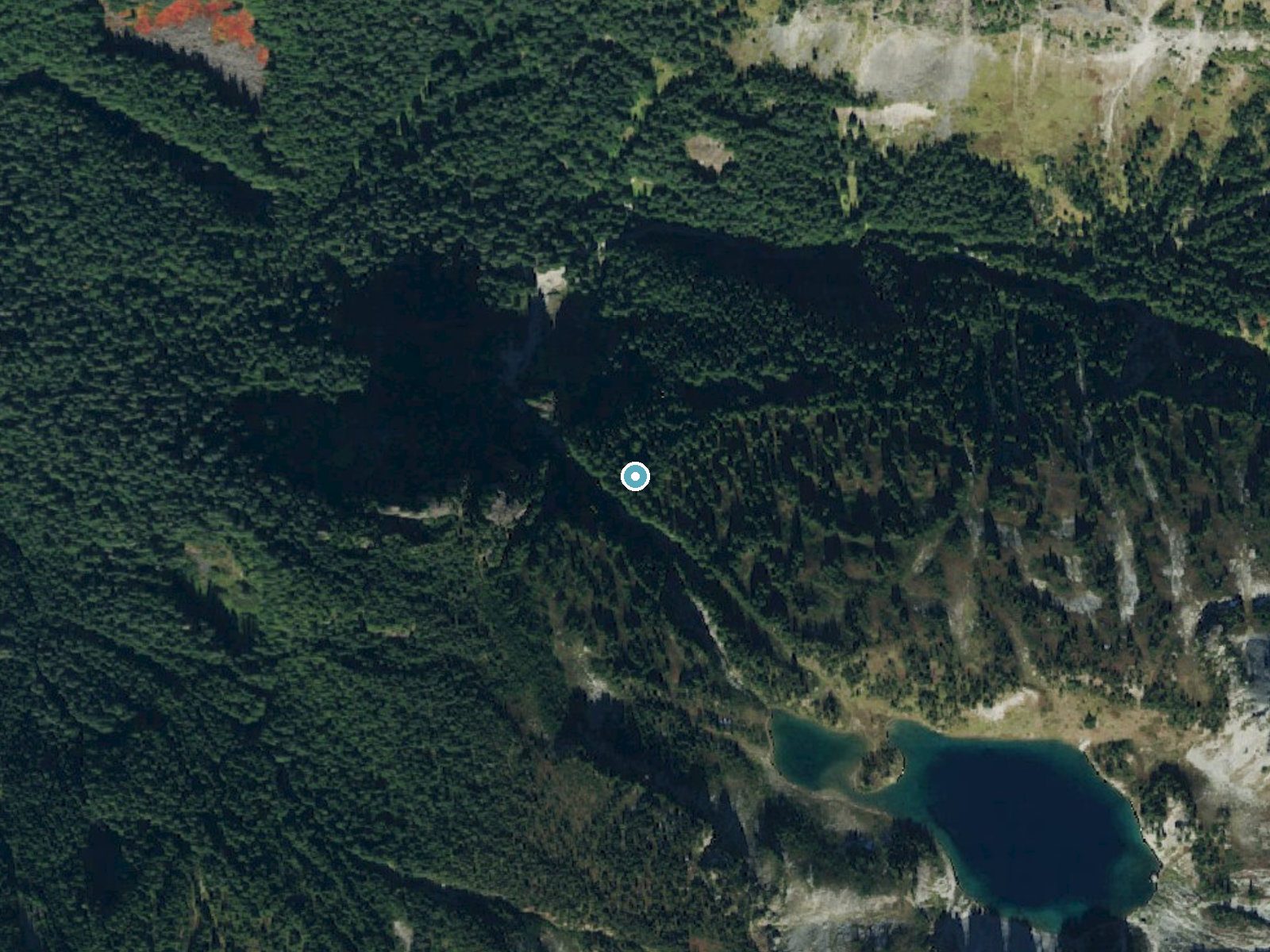 Aerial photo of the same ground around Cress Falls near Greenwater, Washington, for comparison with the lidar view