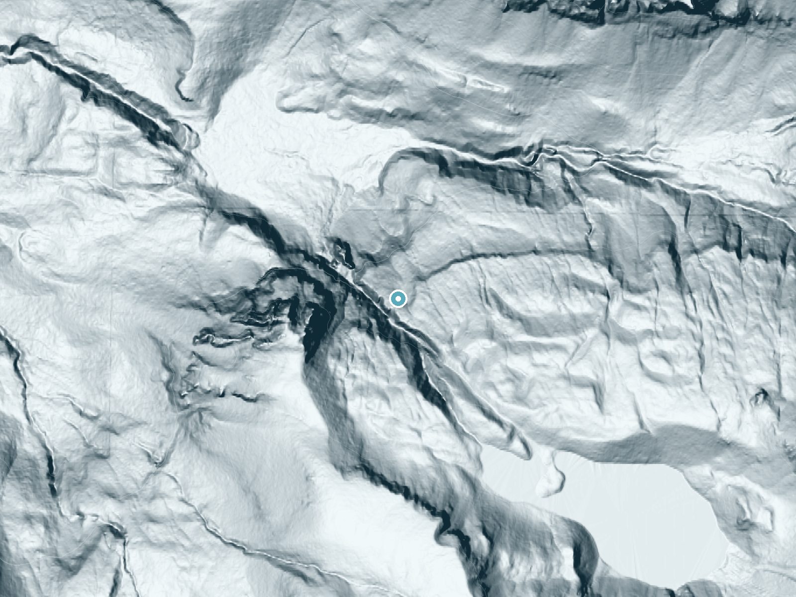 LiDAR bare-earth terrain around Cress Falls near Greenwater, Washington, showing about 314 feet of drop, a steep tiered drop, facing northwest