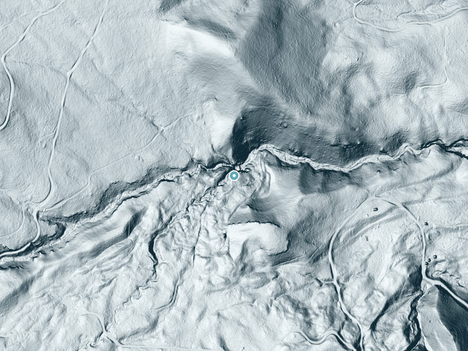LiDAR bare-earth terrain around Devil Creek Falls near Cliffdell, Washington, showing about 160 feet of drop, a single sheer drop, facing northeast