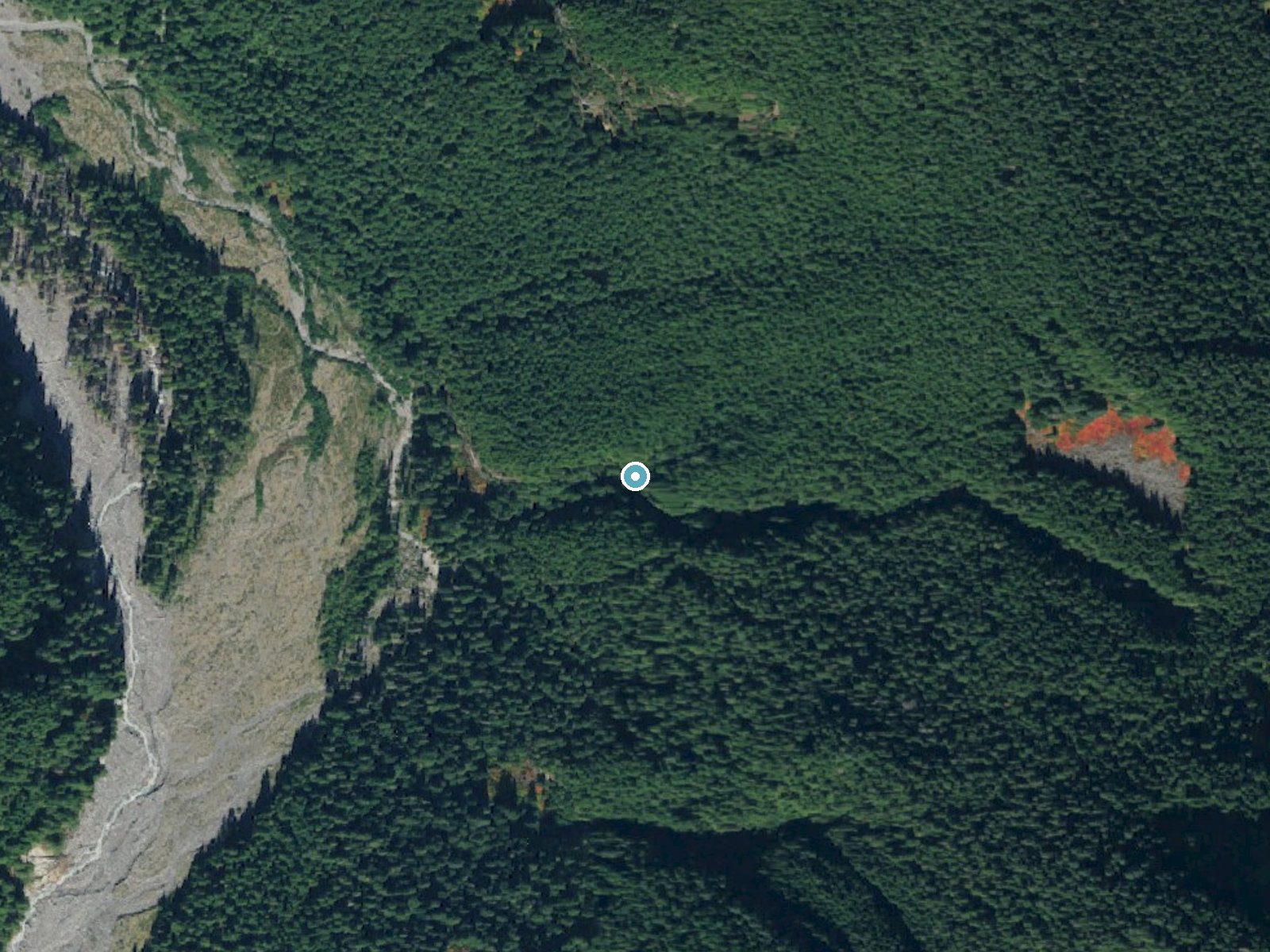 Aerial photo of the same ground around Alice Falls near Greenwater, Washington, for comparison with the lidar view