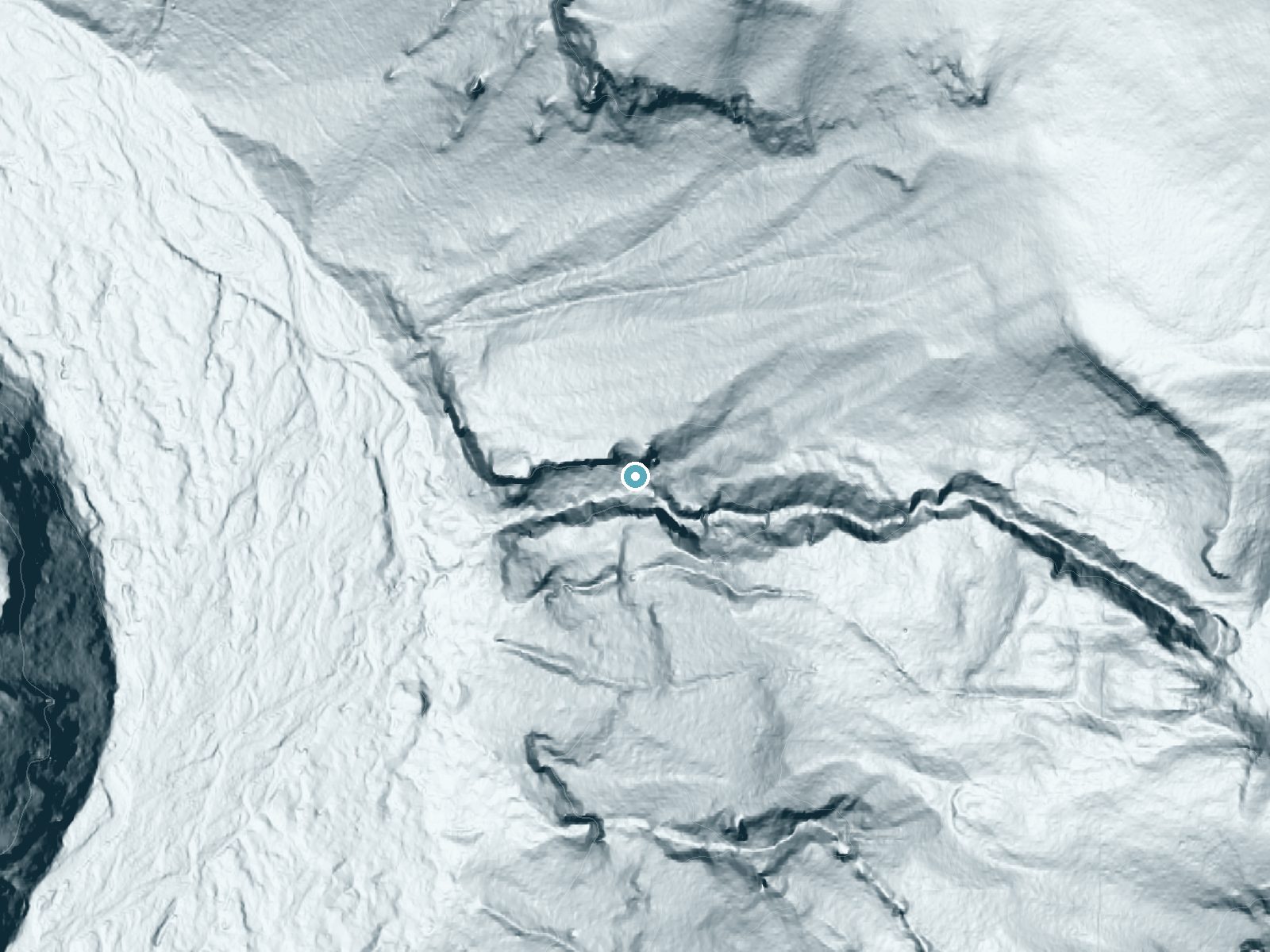 LiDAR bare-earth terrain around Alice Falls near Greenwater, Washington, showing about 396 feet of drop, a steep tiered drop, facing southwest