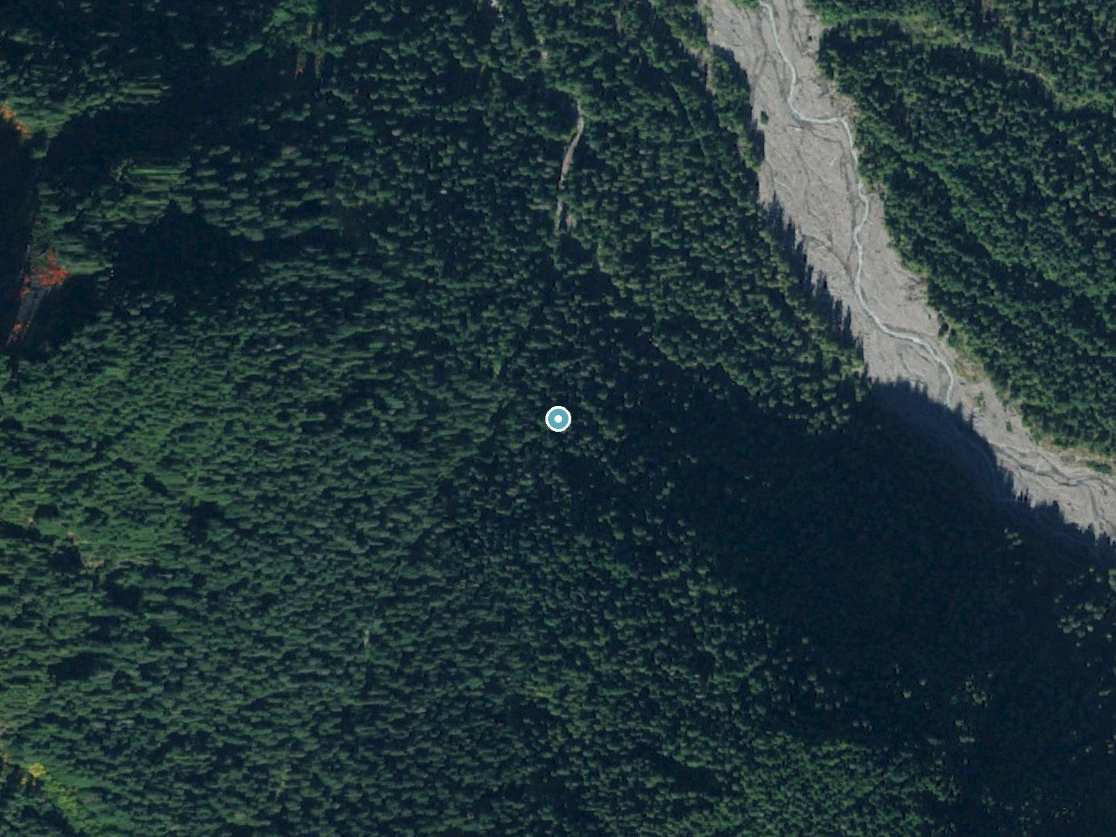 Aerial photo of the same ground around Ipsut Falls near Carbonado, Washington, for comparison with the lidar view