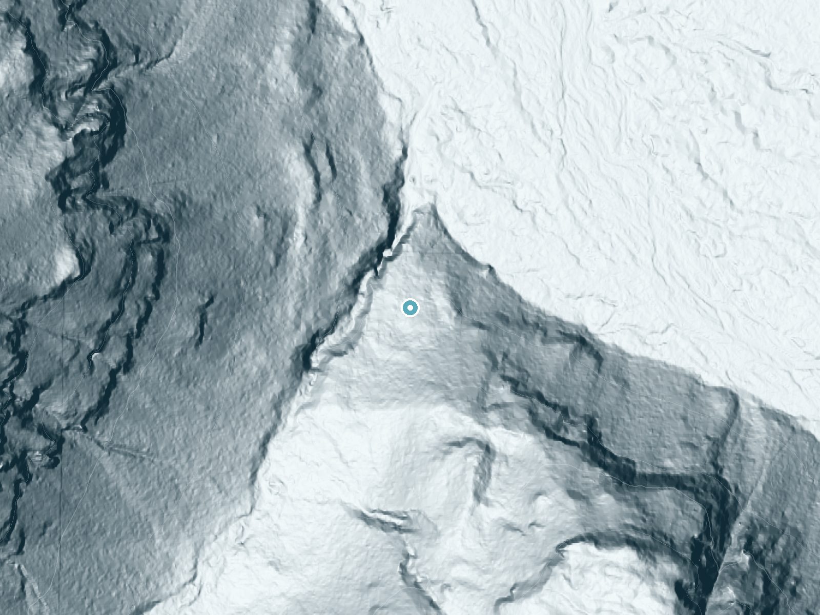 LiDAR bare-earth terrain around Ipsut Falls near Carbonado, Washington, showing about 165 feet of drop, a long cascade, facing north