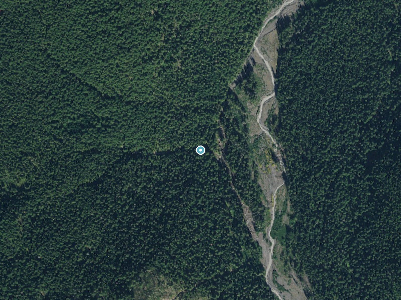 Aerial photo of the same ground around Van Horn Falls near Greenwater, Washington, for comparison with the lidar view
