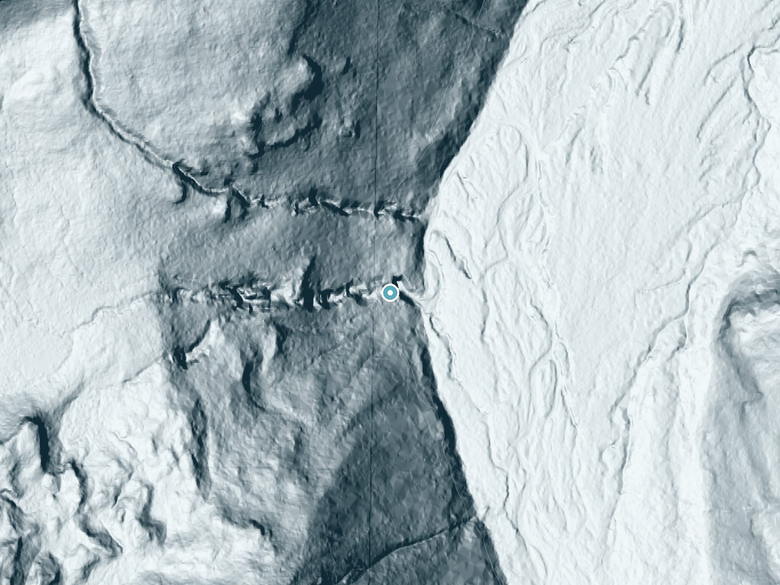 LiDAR bare-earth terrain around Van Horn Falls near Greenwater, Washington, showing about 178 feet of drop, a steep tiered drop, facing east