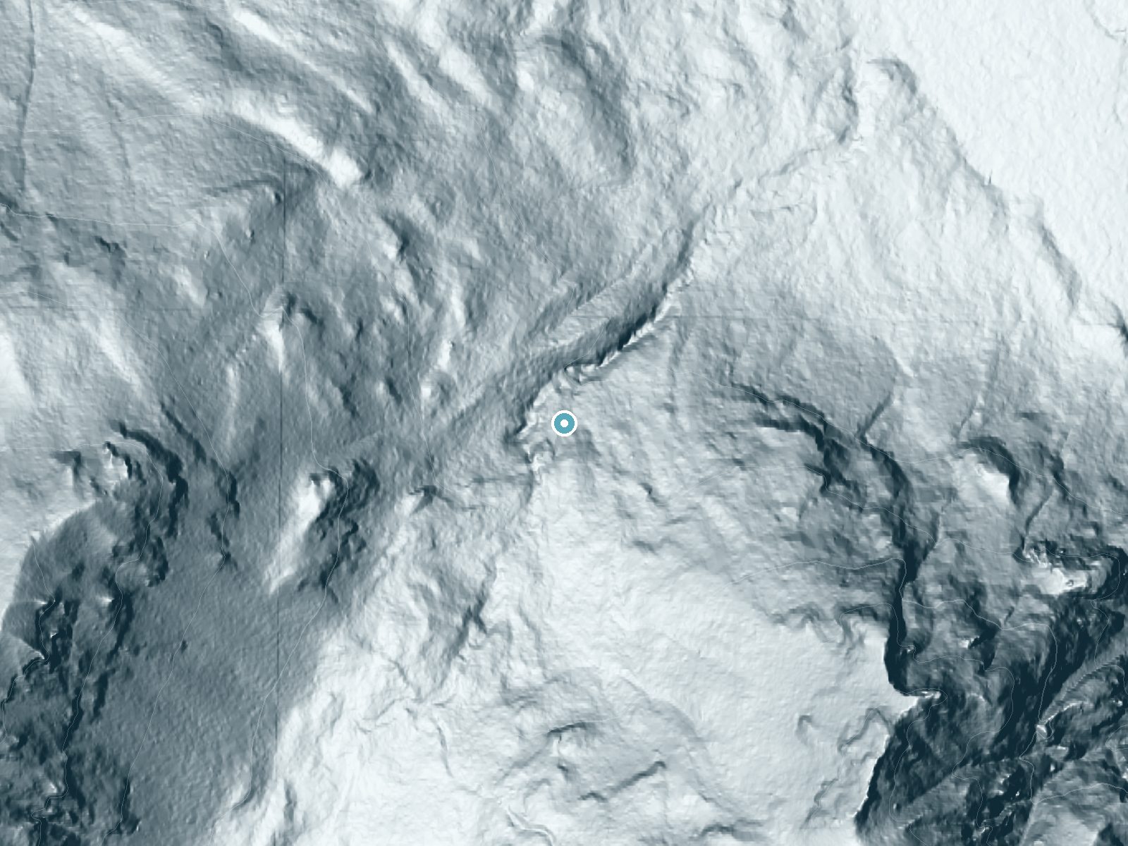 LiDAR bare-earth terrain around Ranger Falls near Carbonado, Washington, showing about 298 feet of drop, a steep tiered drop, facing north