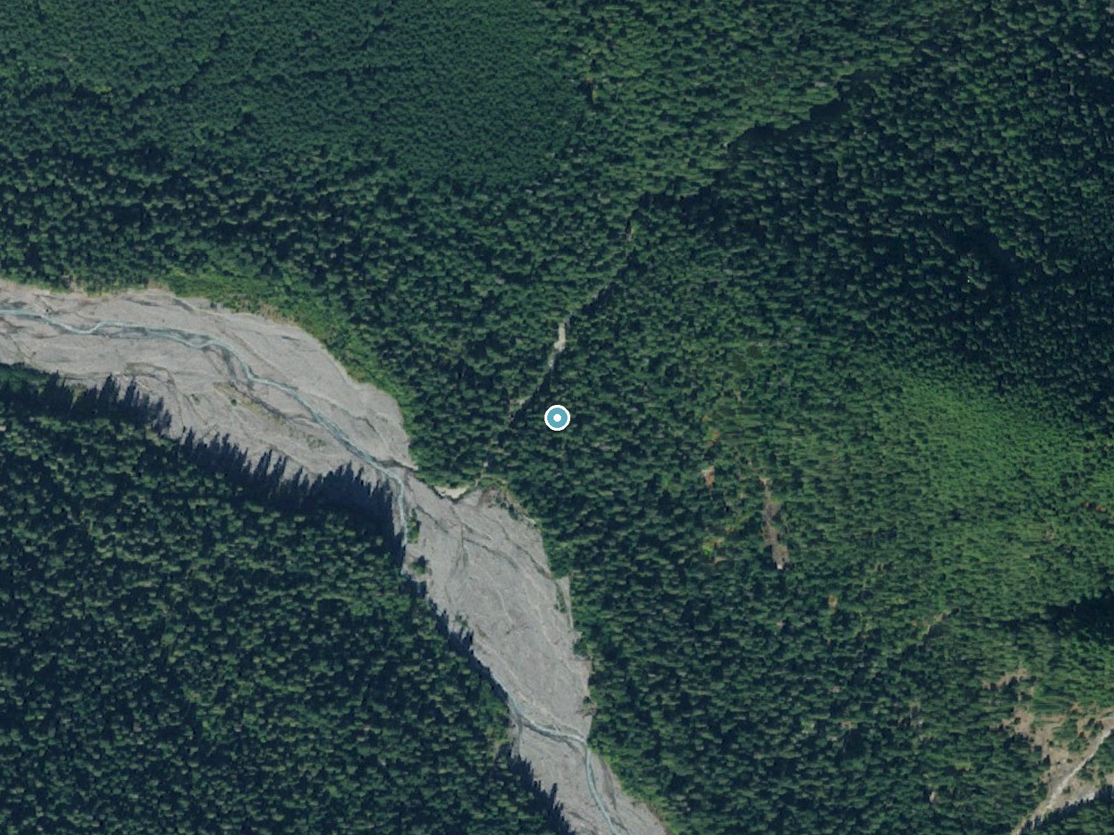 Aerial photo of the same ground around Chenuis Falls near Carbonado, Washington, for comparison with the lidar view