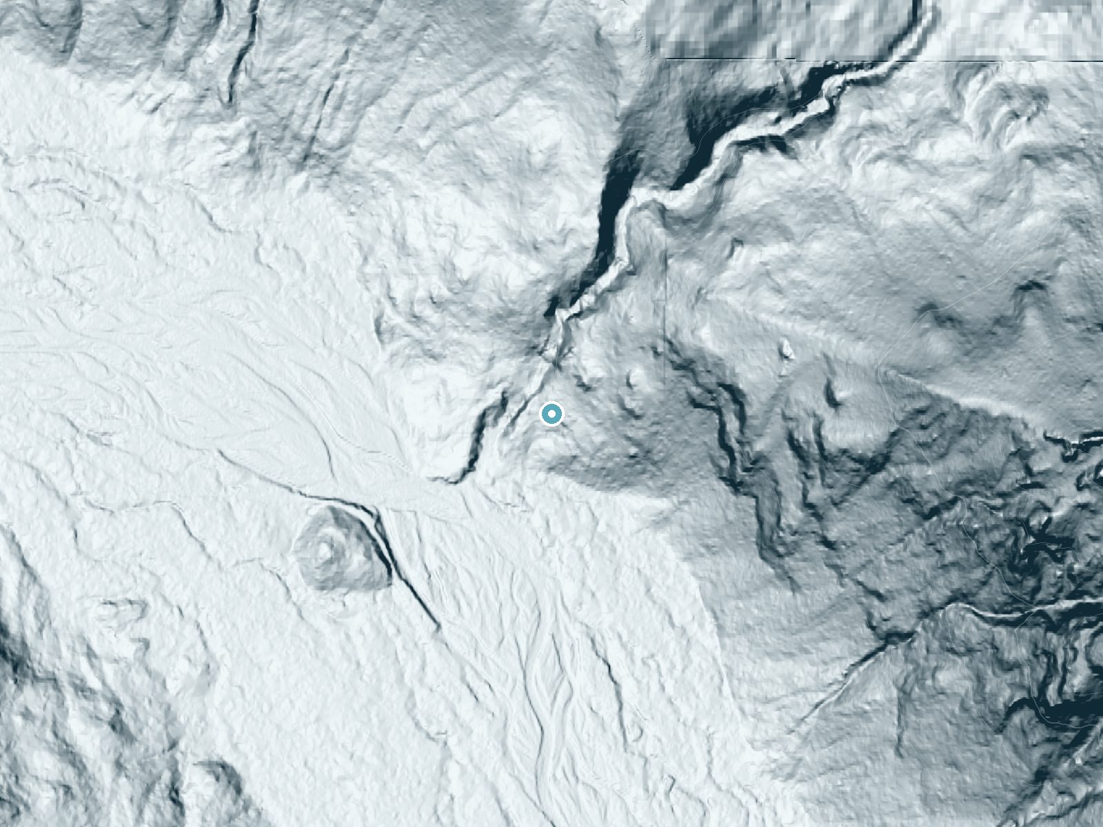 LiDAR bare-earth terrain around Chenuis Falls near Carbonado, Washington, showing about 232 feet of drop, a steep tiered drop, facing southwest