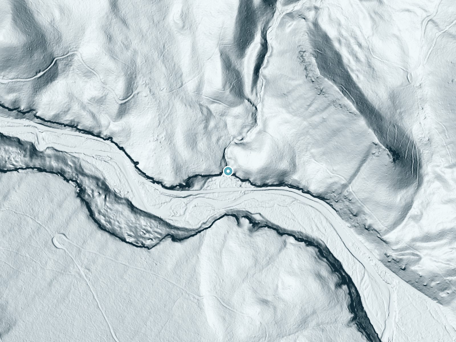 LiDAR bare-earth terrain around Horsetail Falls near Cliffdell, Washington, showing about 152 feet of drop, a steep tiered drop, facing south