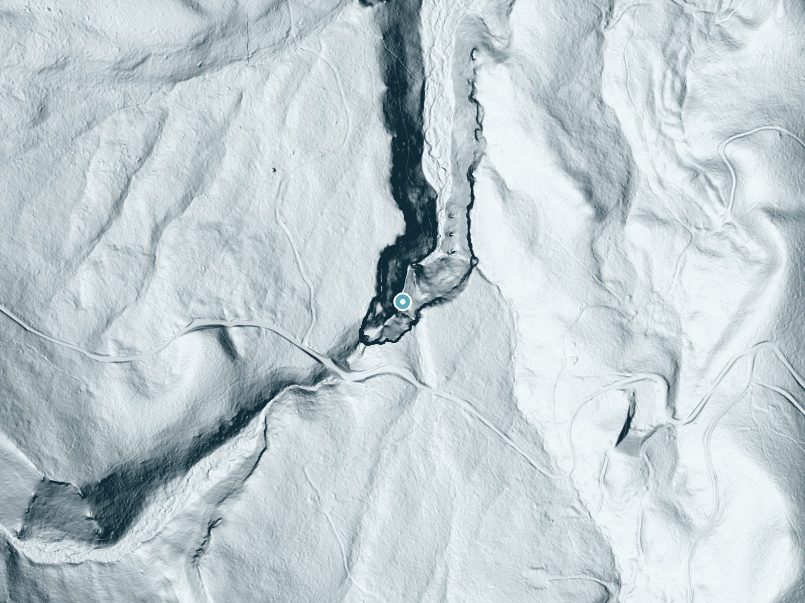 LiDAR bare-earth terrain around West Quartz Creek Falls near Cliffdell, Washington, showing about 219 feet of drop, a steep tiered drop, facing north