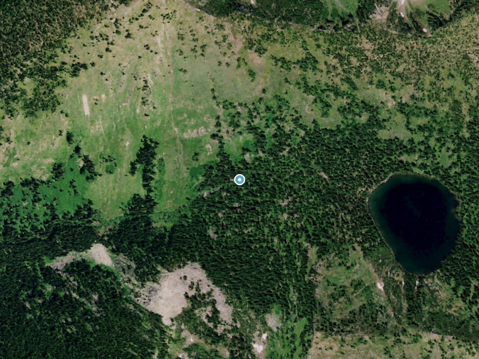 Aerial photo of the same ground around Rambiker Falls near St. Regis, Idaho, for comparison with the lidar view
