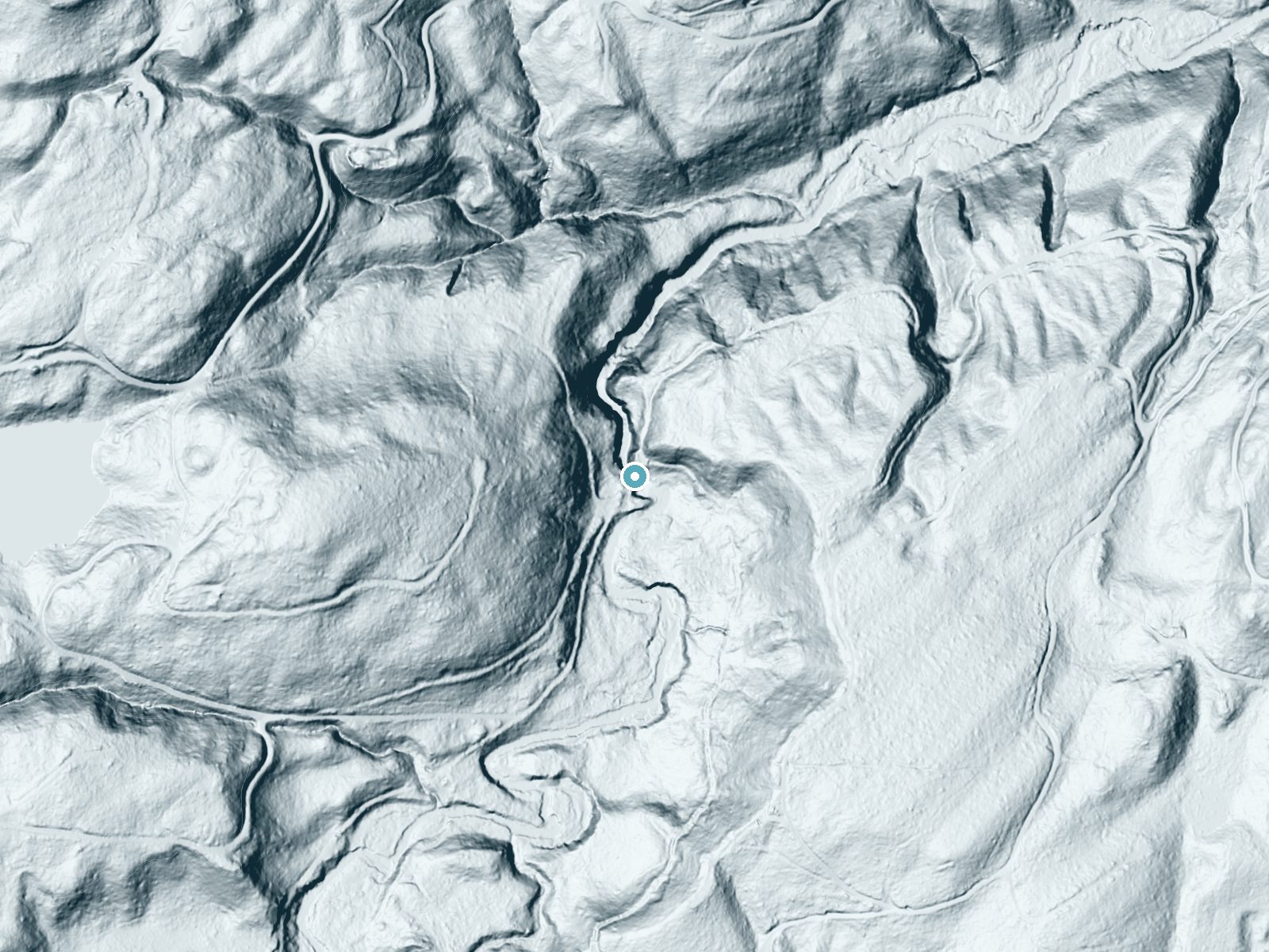 LiDAR bare-earth terrain around Kennedy Falls near McCleary, Washington, showing about 124 feet of drop, a long cascade, facing south