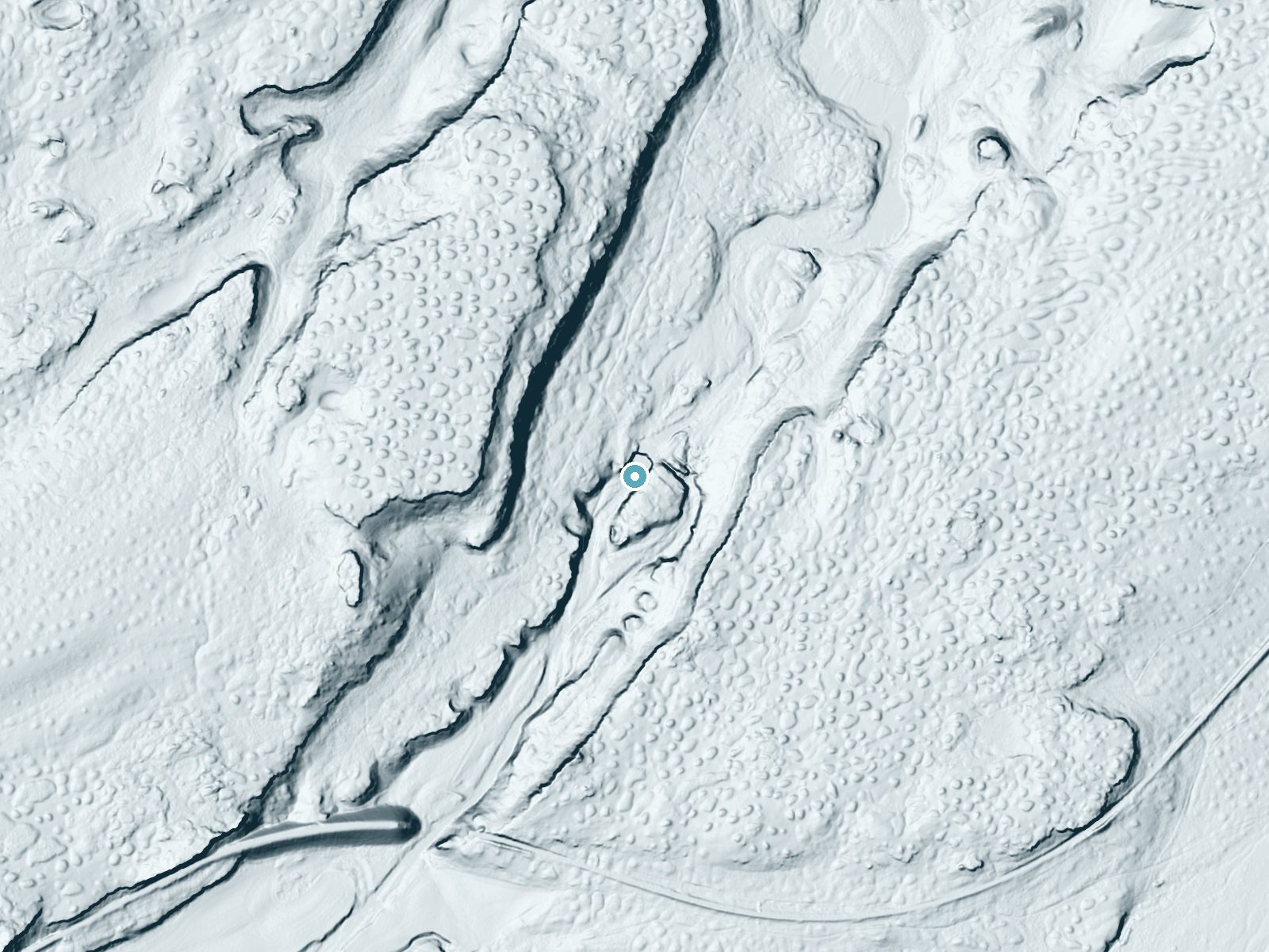 LiDAR bare-earth terrain around Rock Creek Falls near St. John, Washington, showing about 40 feet of drop, a long cascade, facing south