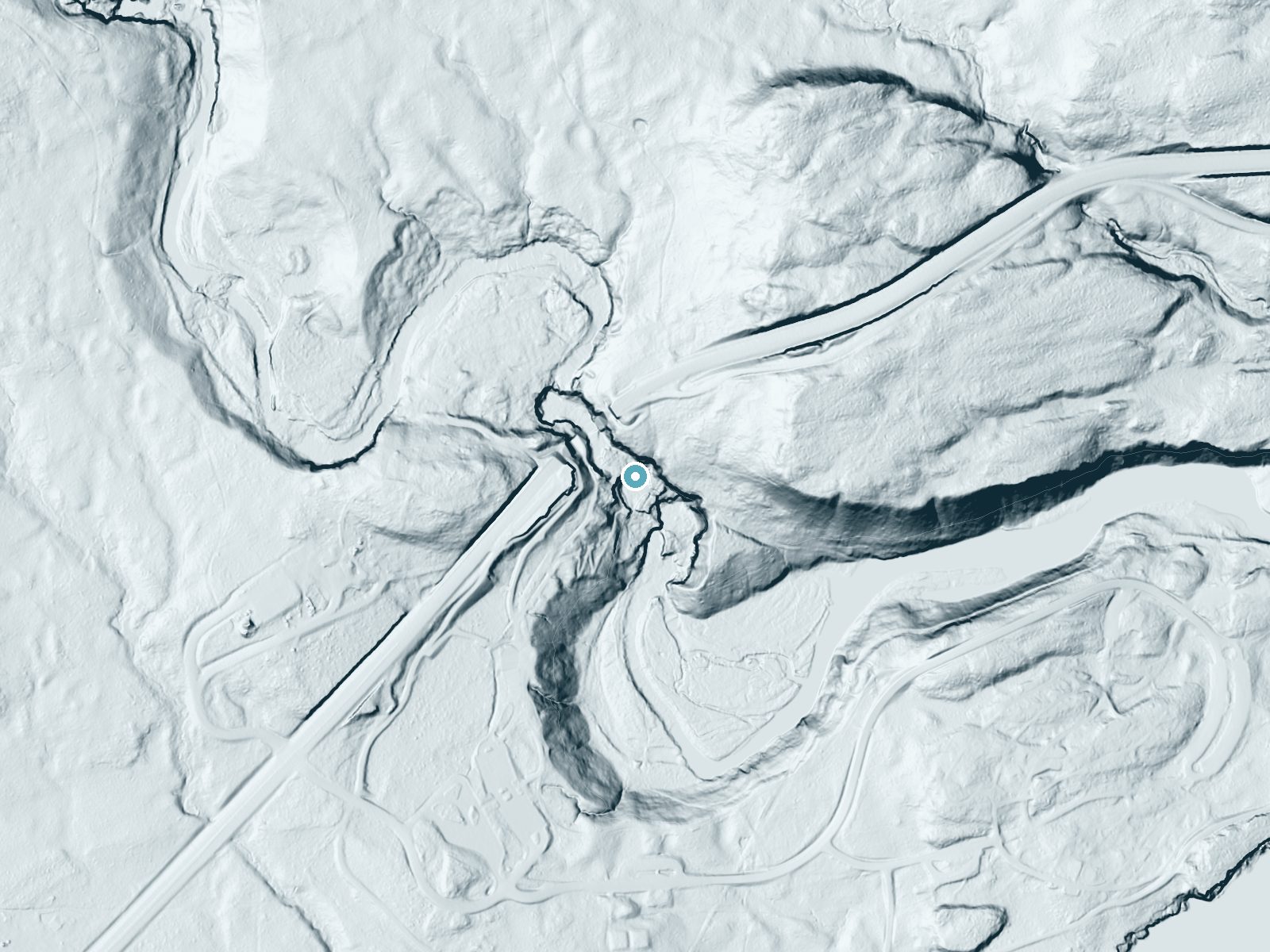 LiDAR bare-earth terrain around Gooseberry Falls near Beaver Bay, Minnesota, showing about 145 feet of drop, a steep tiered drop, facing south