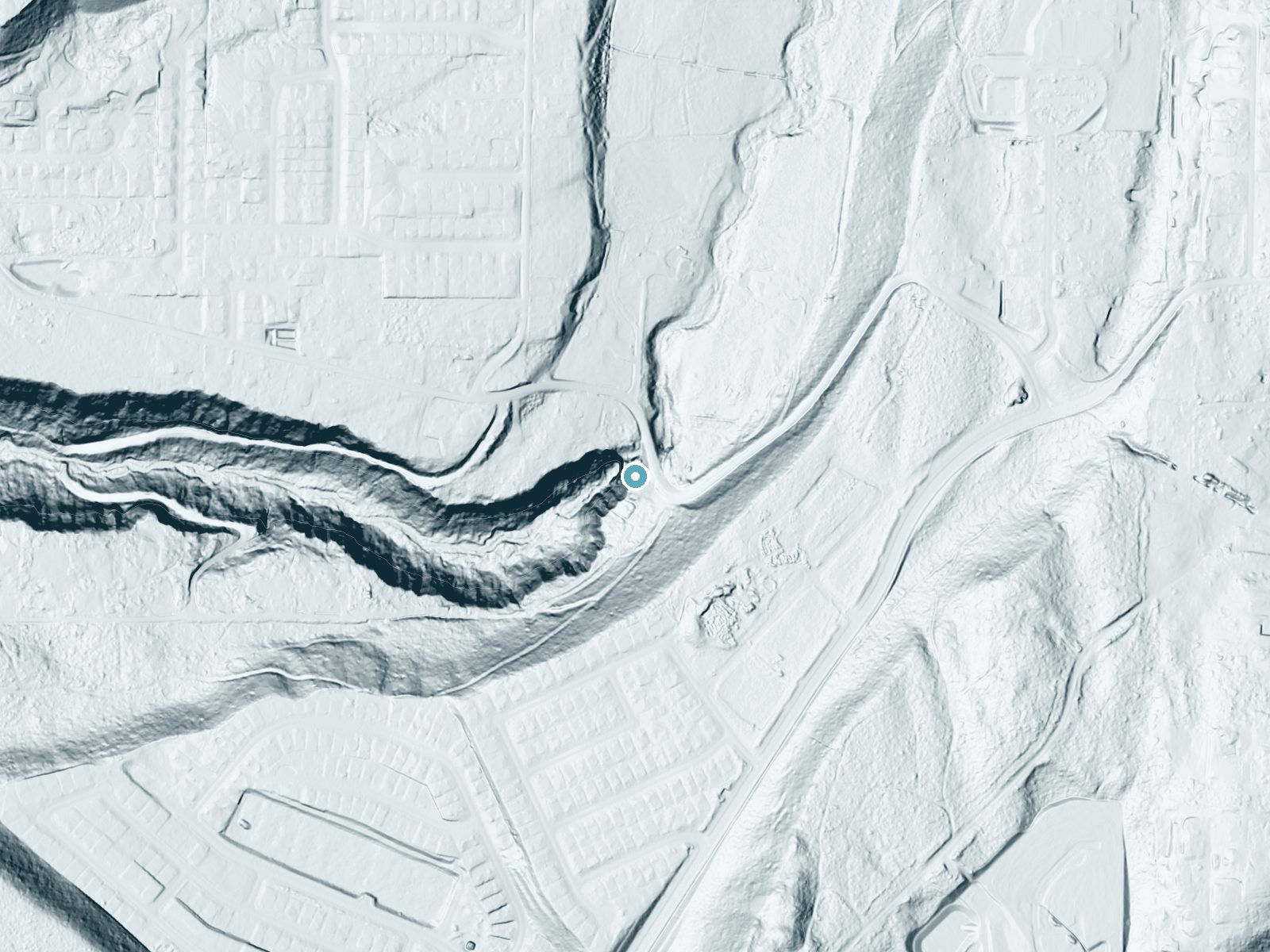 LiDAR bare-earth terrain around Victor Falls near Tehaleh, Washington, showing about 151 feet of drop, a steep tiered drop, facing west