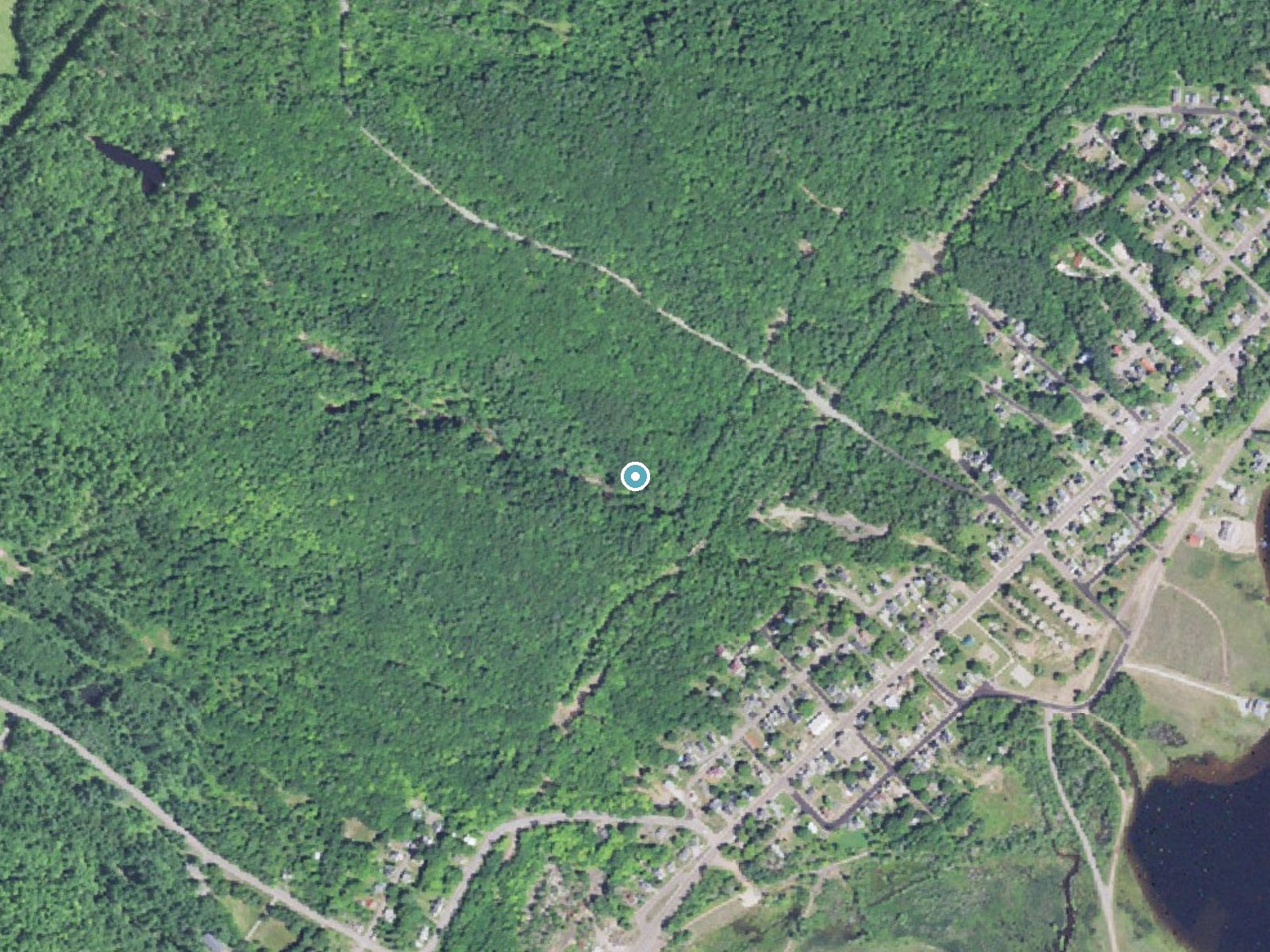 Aerial photo of the same ground around Hungarian Falls near Hubbell, Michigan, for comparison with the lidar view
