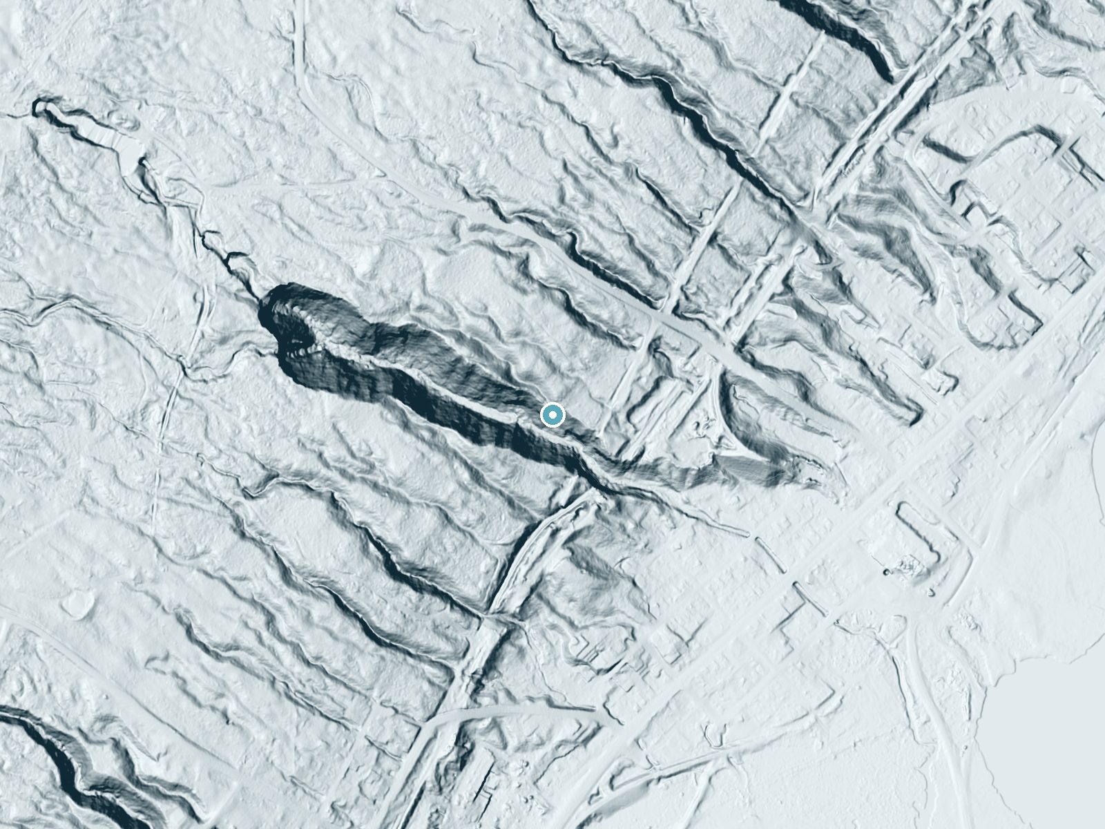 LiDAR bare-earth terrain around Hungarian Falls near Hubbell, Michigan, showing about 152 feet of drop, a steep tiered drop, facing south
