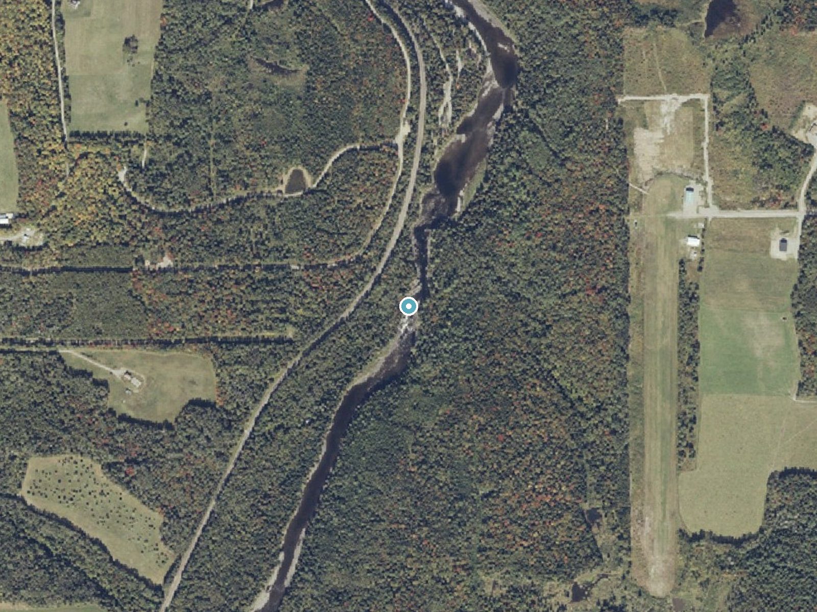 Aerial photo of the same ground around Fish River Falls near Grand Isle, Maine, for comparison with the lidar view