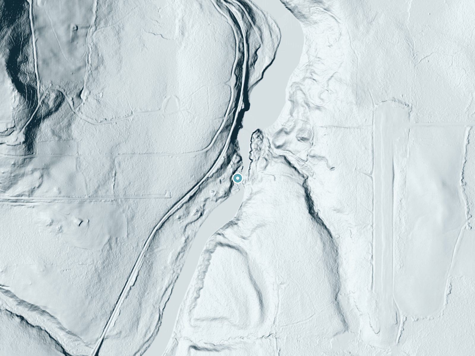 LiDAR bare-earth terrain around Fish River Falls near Grand Isle, Maine, showing about 52 feet of drop, a long cascade, facing southeast