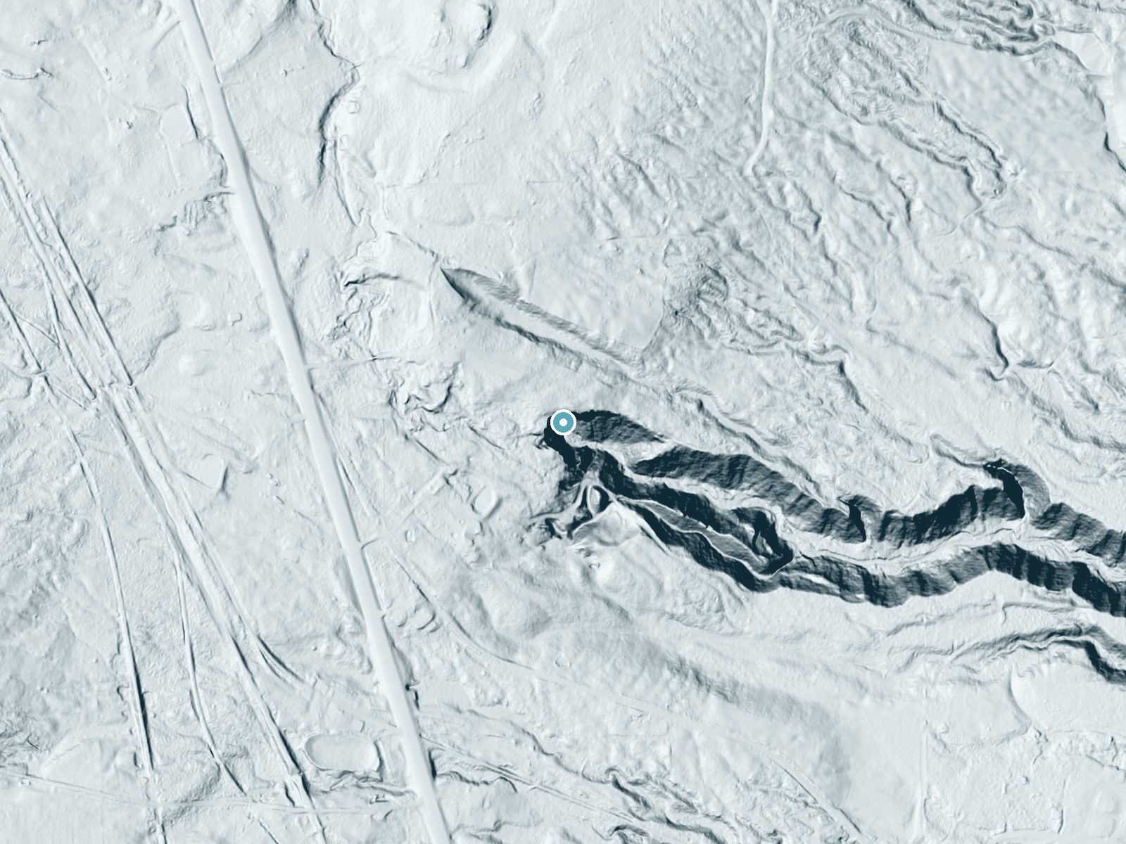LiDAR bare-earth terrain around Houghton Falls near Lake Linden, Michigan, showing about 164 feet of drop, a steep tiered drop, facing southeast