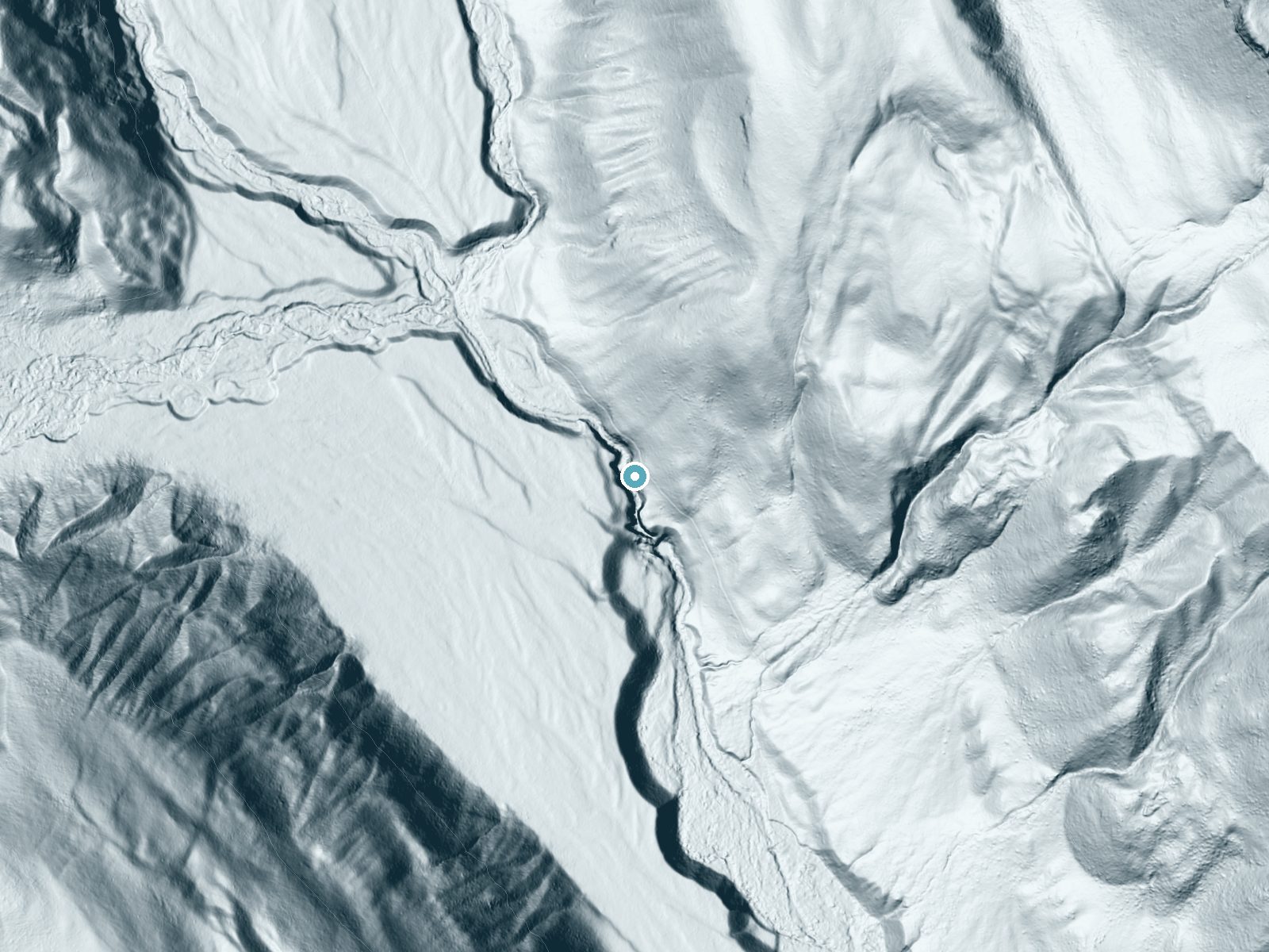 LiDAR bare-earth terrain around Monture Falls near Ovando, Montana, showing about 174 feet of drop, a steep tiered drop, facing southwest