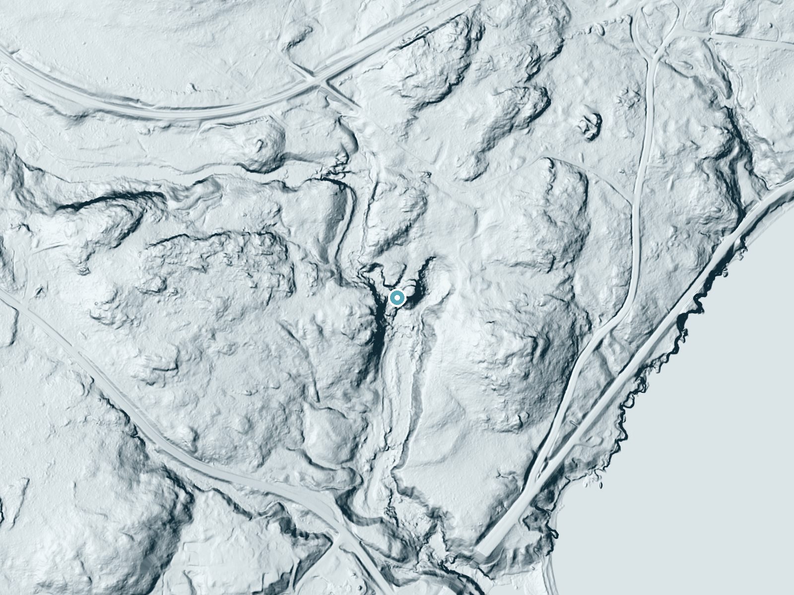 LiDAR bare-earth terrain around Beaver River Falls near Beaver Bay, Minnesota, showing about 110 feet of drop, a steep tiered drop, facing southeast