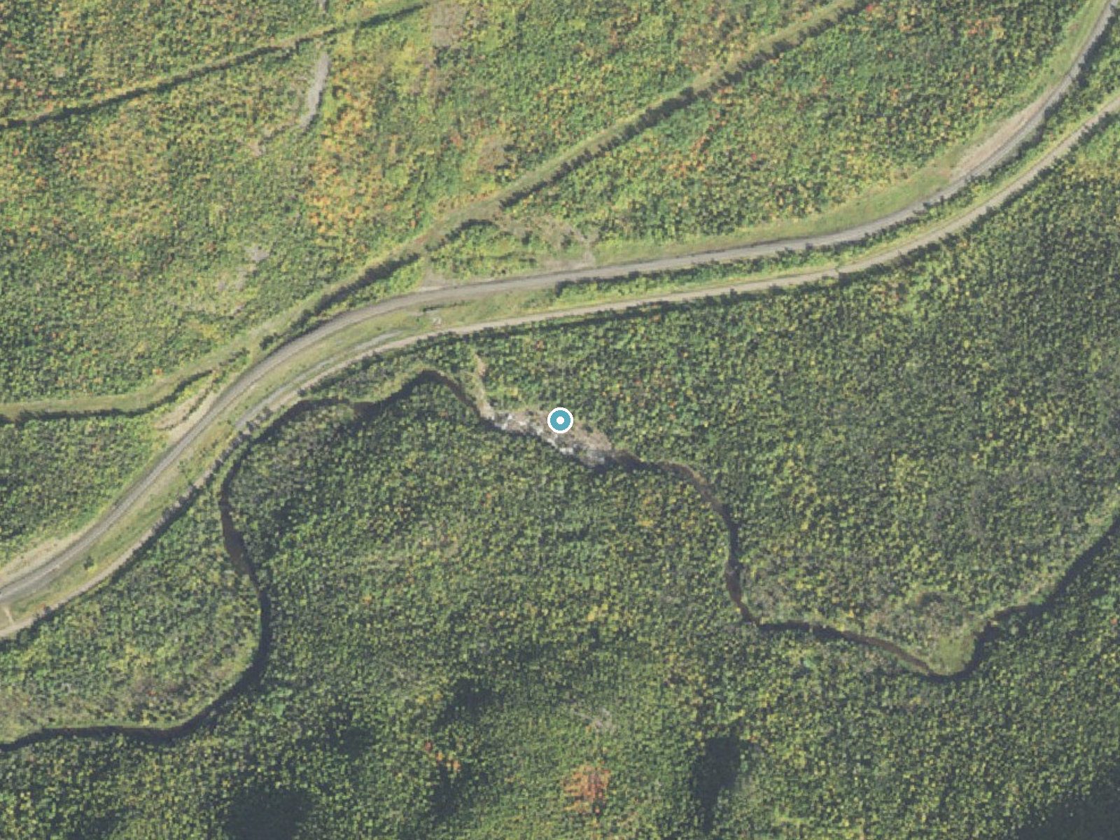 Aerial photo of the same ground around Glenn Avon Falls near Beaver Bay, Minnesota, for comparison with the lidar view