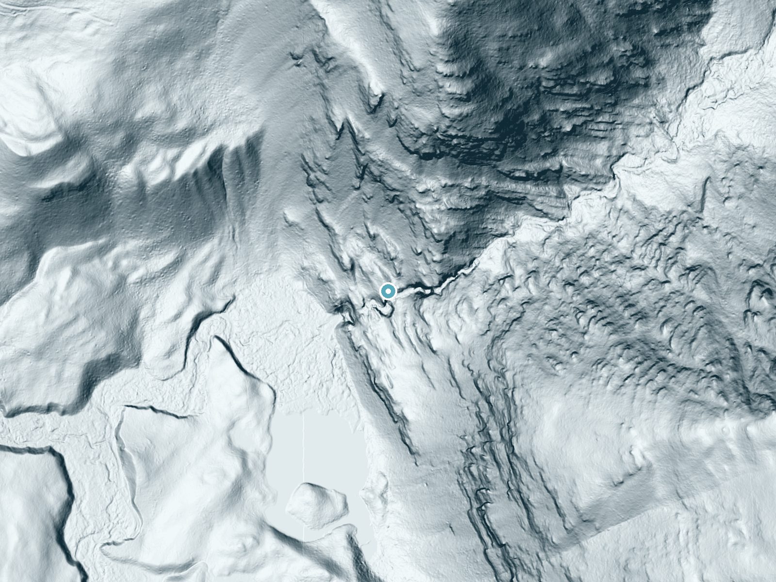 LiDAR bare-earth terrain around Morrell Falls near Seeley Lake, Montana, showing about 211 feet of drop, a steep tiered drop, facing southwest