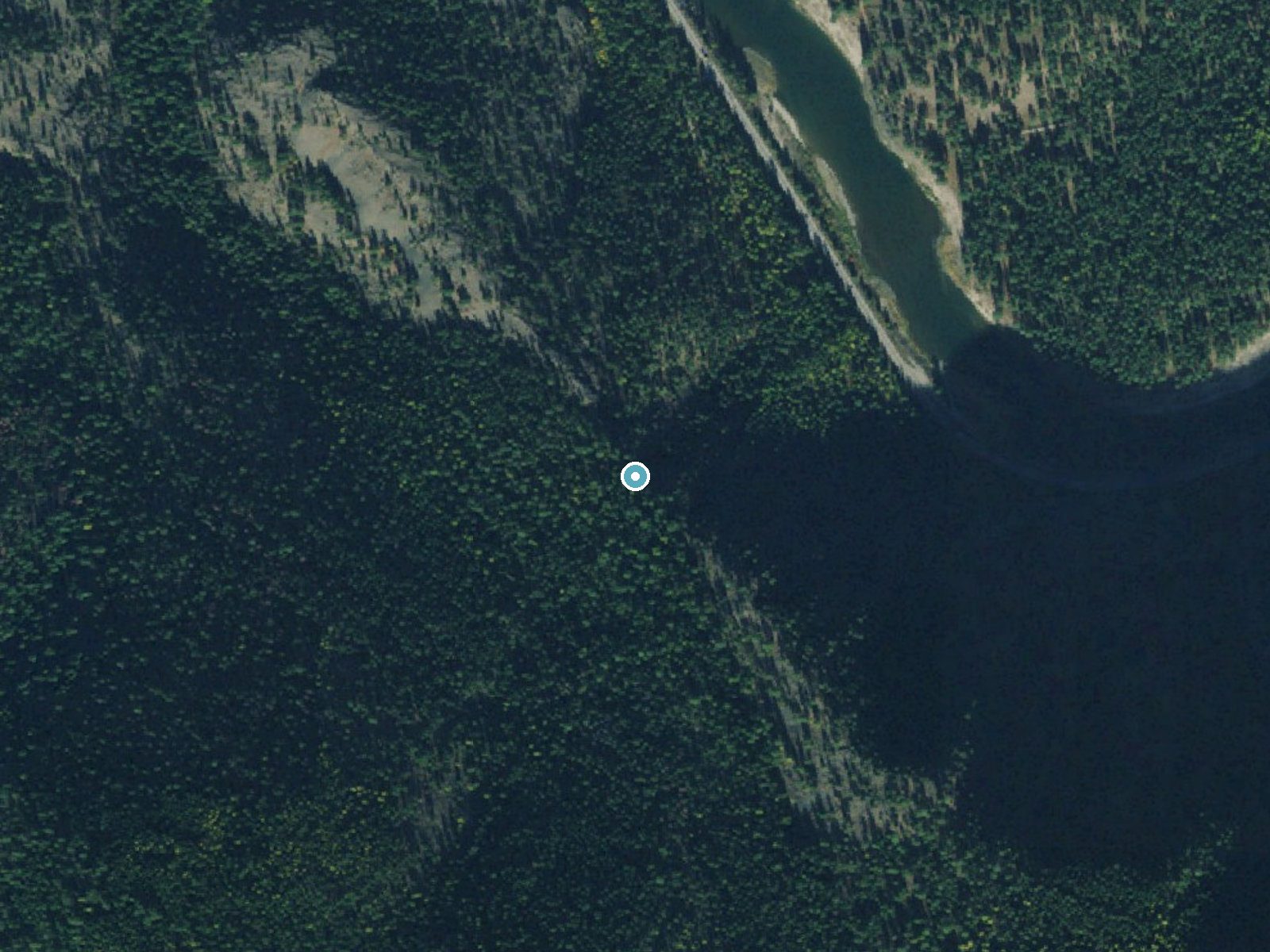 Aerial photo of the same ground around Cascade Falls near Paradise, Montana, for comparison with the lidar view