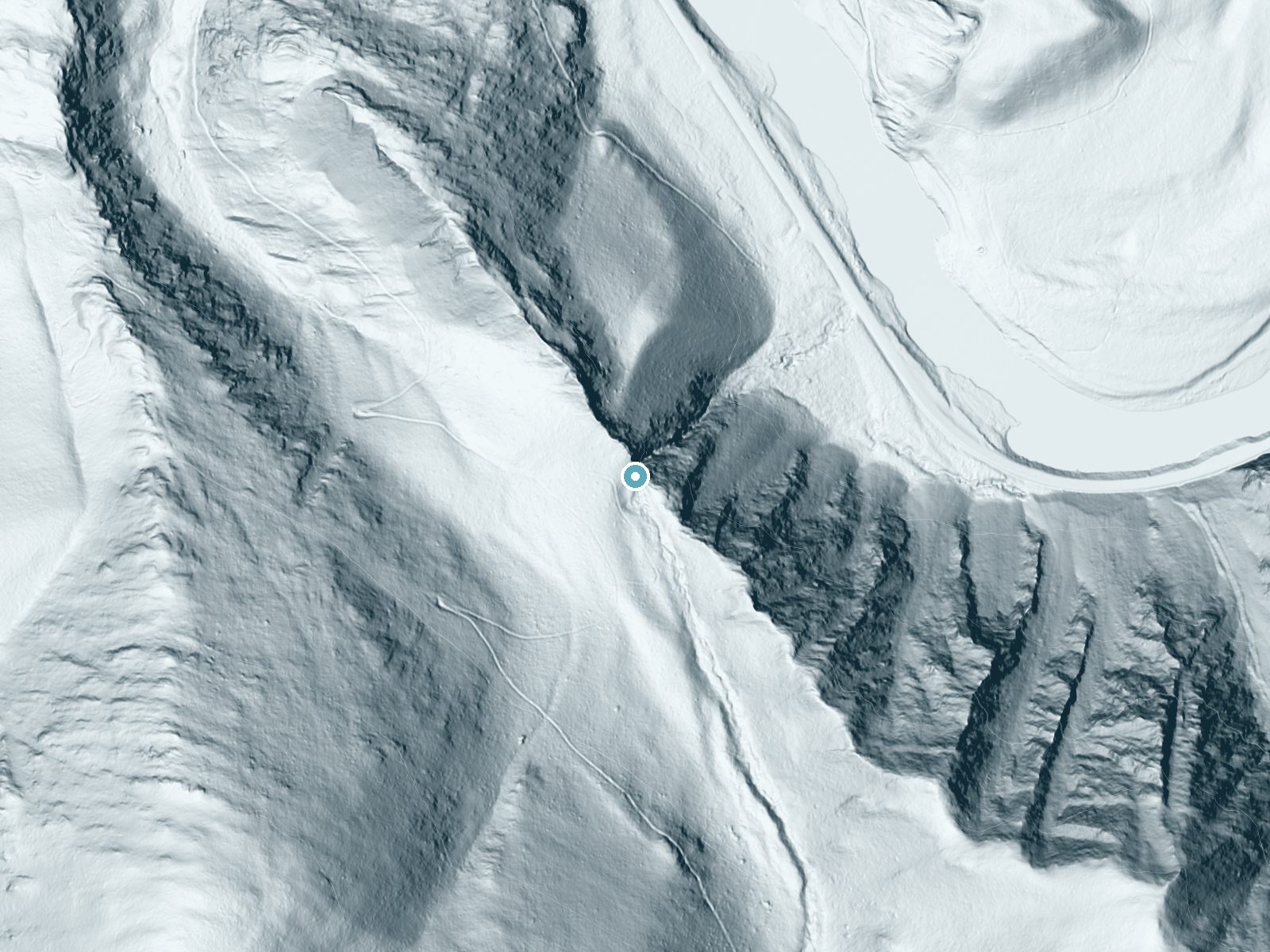 LiDAR bare-earth terrain around Cascade Falls near Paradise, Montana, showing about 250 feet of drop, a steep tiered drop, facing northeast