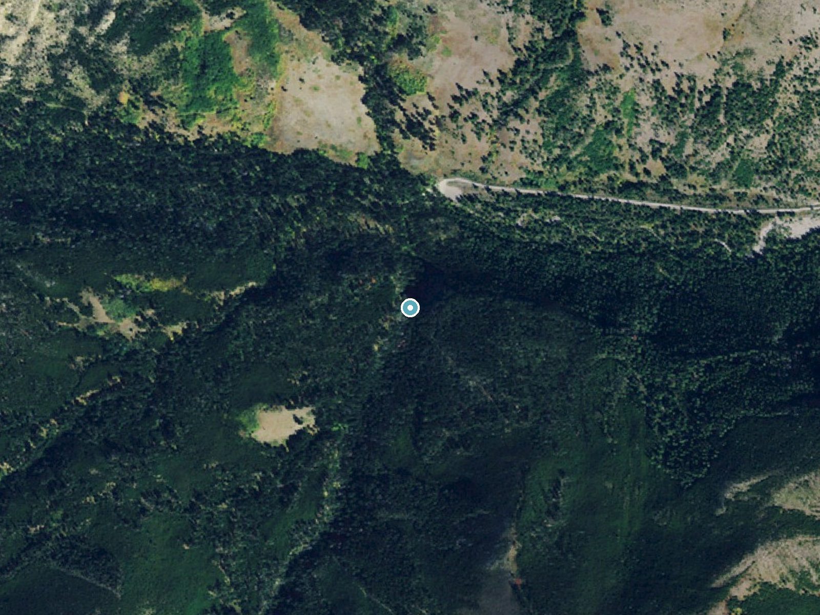 Aerial photo of the same ground around Cataract Falls near Augusta, Montana, for comparison with the lidar view