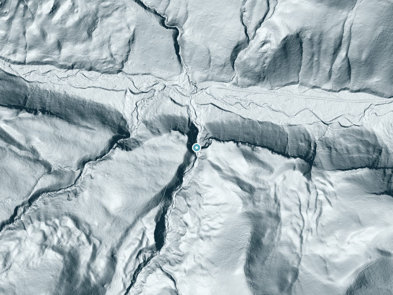 LiDAR bare-earth terrain around Cataract Falls near Augusta, Montana, showing about 229 feet of drop, a steep tiered drop, facing north