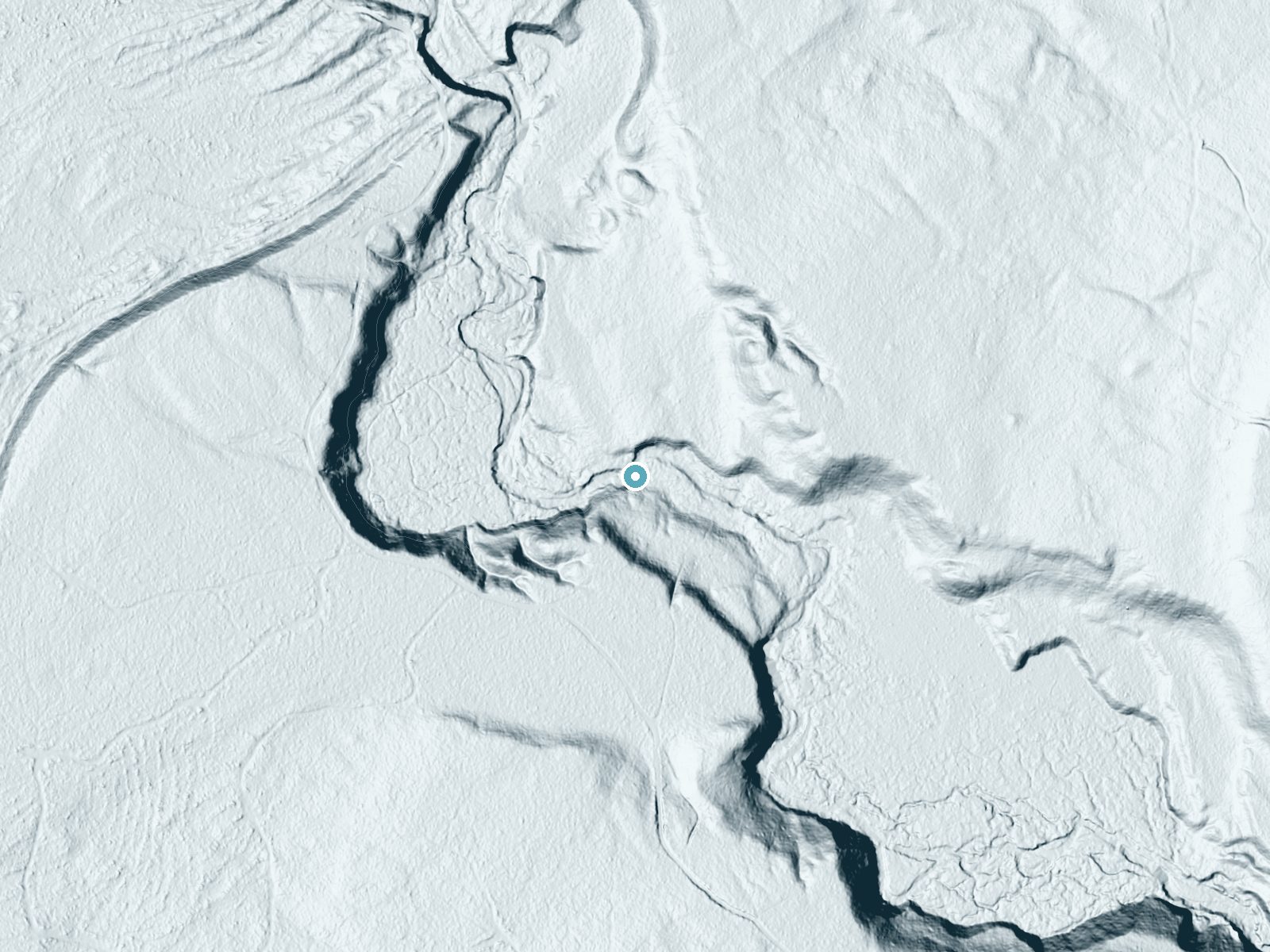 LiDAR bare-earth terrain around Lower Falls near Ahmeek, Michigan, showing about 57 feet of drop, a long cascade, facing north