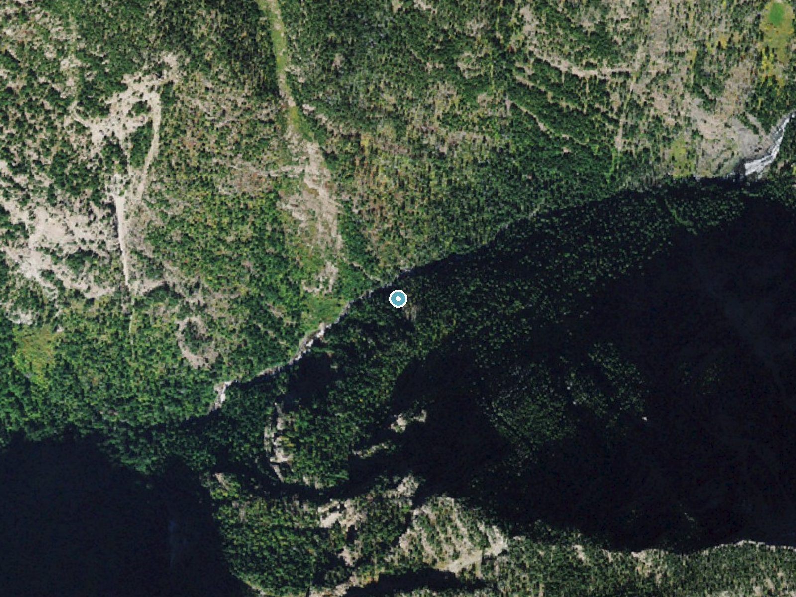 Aerial photo of the same ground around Mission Falls near St. Ignatius, Montana, for comparison with the lidar view