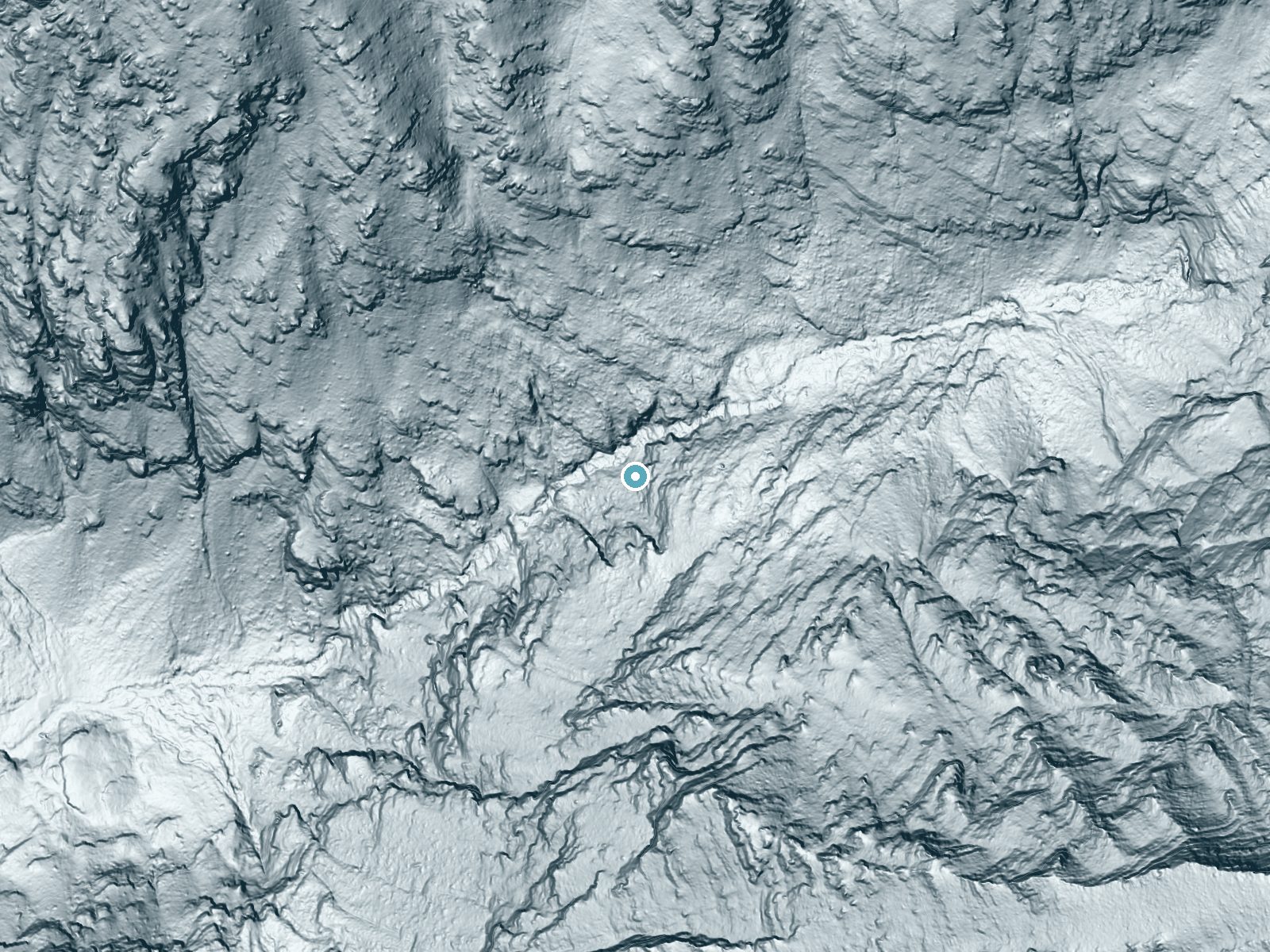 LiDAR bare-earth terrain around Mission Falls near St. Ignatius, Montana, showing about 456 feet of drop, a single sheer drop, facing west