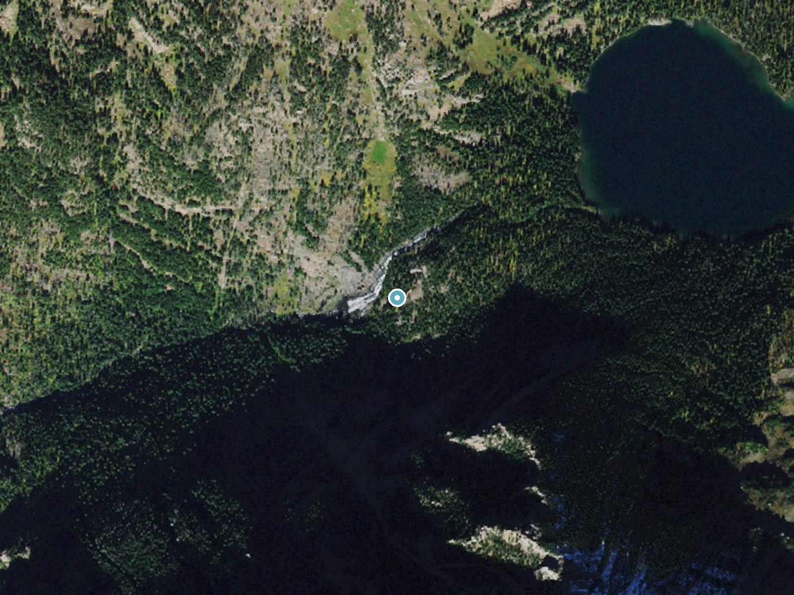 Aerial photo of the same ground around Elizabeth Falls near St. Ignatius, Montana, for comparison with the lidar view