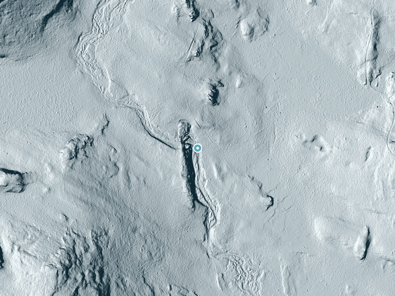 LiDAR bare-earth terrain around Pancake Falls near Silver Bay, Minnesota, showing about 36 feet of drop, a long cascade, facing southeast