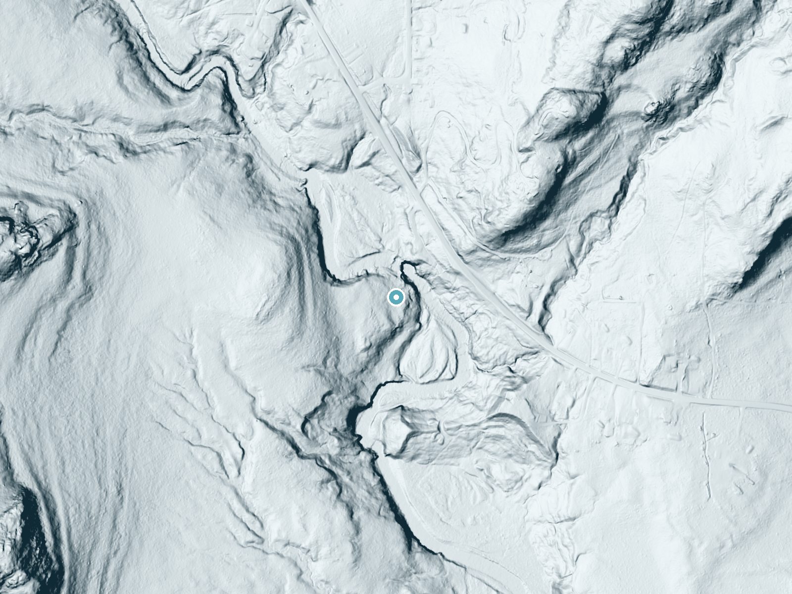 LiDAR bare-earth terrain around Illgen Falls near Finland, Minnesota, showing about 78 feet of drop, a long cascade, facing east