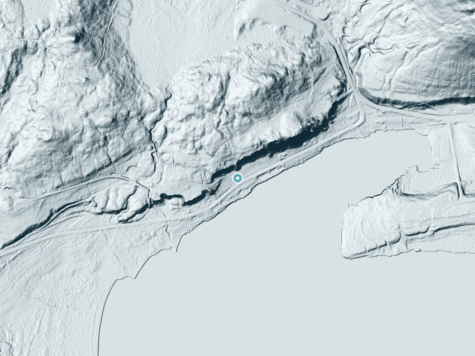 LiDAR bare-earth terrain around Haven Falls near Eagle Harbor, Michigan, showing about 112 feet of drop, a steep tiered drop, facing southeast