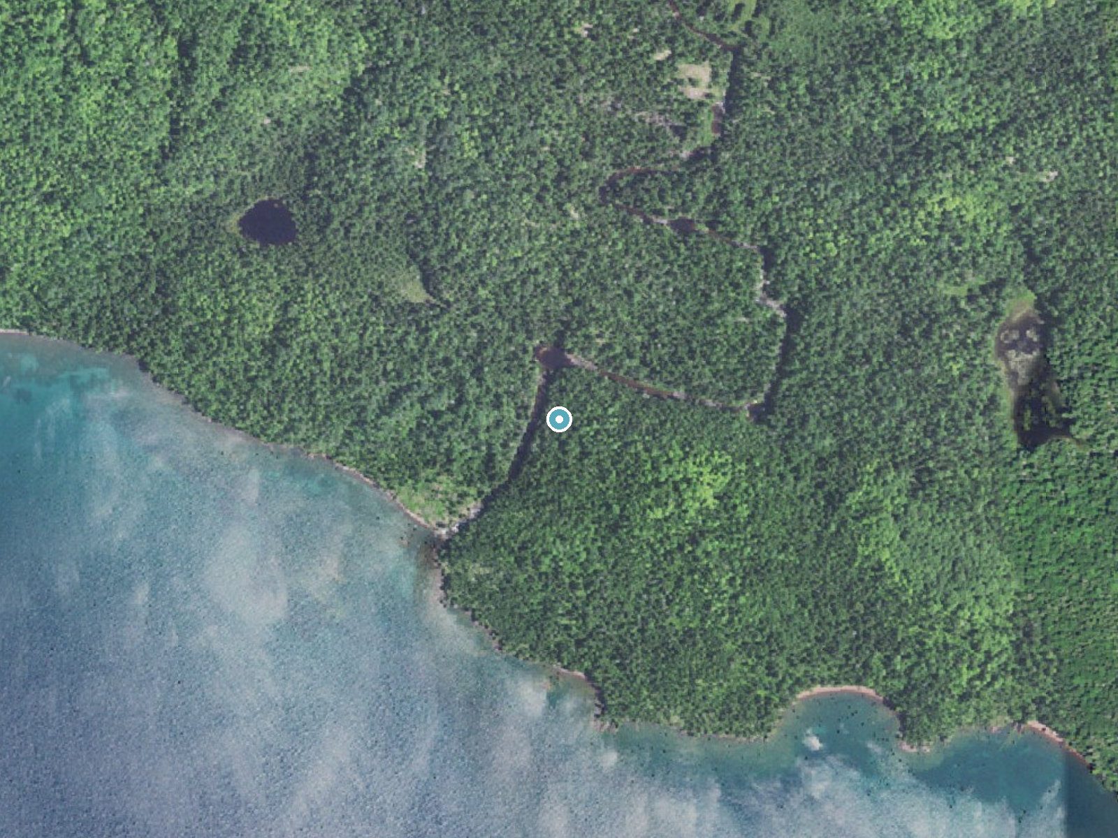 Aerial photo of the same ground around Lower Falls near Copper Harbor, Michigan, for comparison with the lidar view