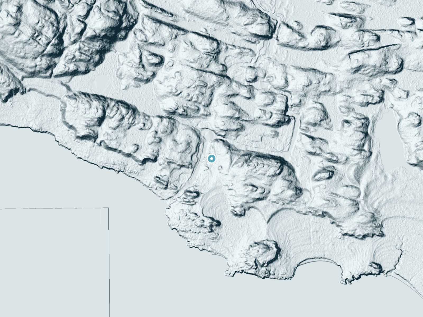 LiDAR bare-earth terrain around Lower Falls near Copper Harbor, Michigan, showing about 45 feet of drop, a long cascade, facing west
