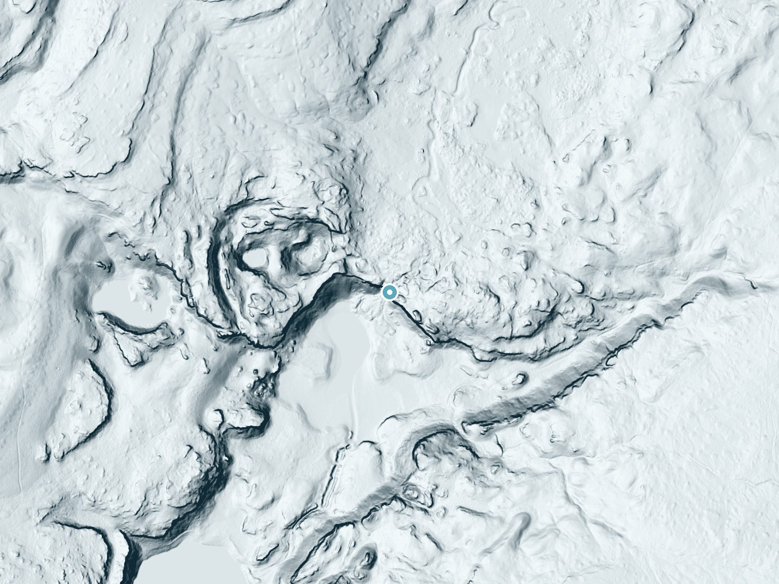 LiDAR bare-earth terrain around Delzer Falls near Odessa, Washington, showing about 118 feet of drop, a steep tiered drop, facing southwest