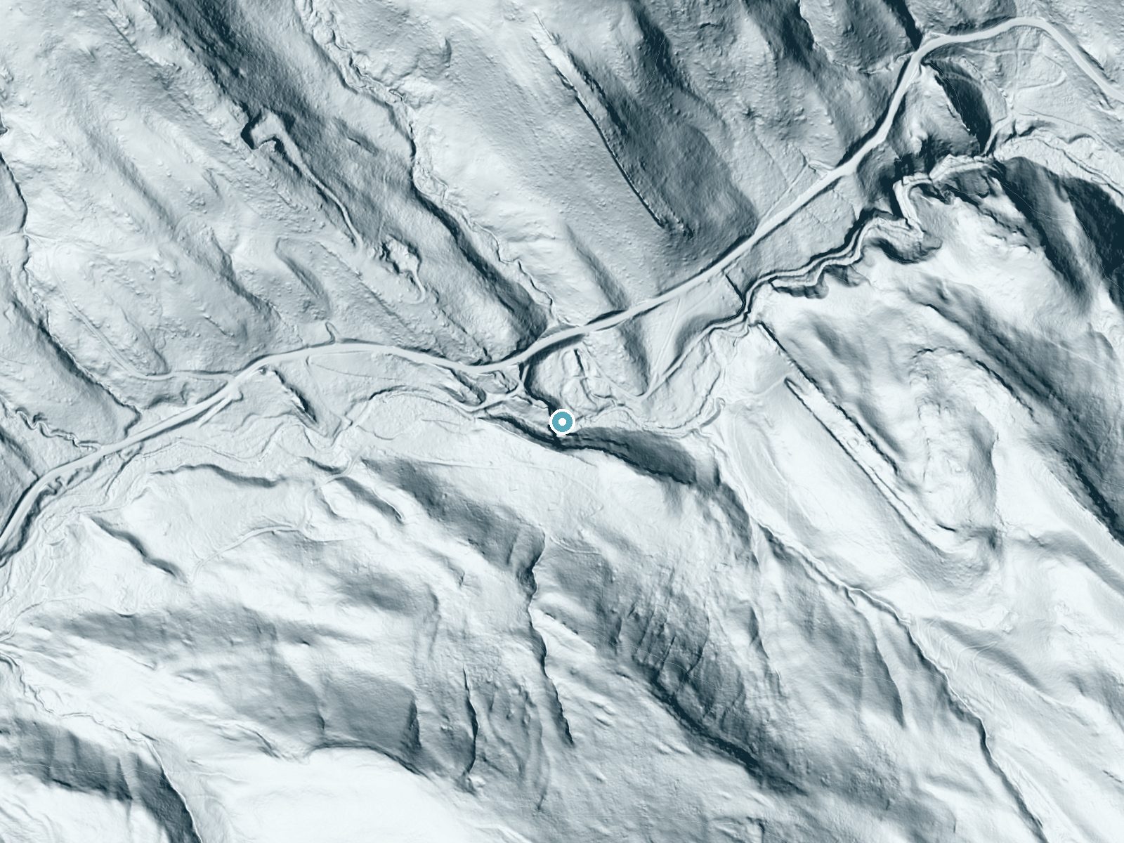 LiDAR bare-earth terrain around Double Falls near Augusta, Montana, showing about 115 feet of drop, a steep tiered drop, facing northeast
