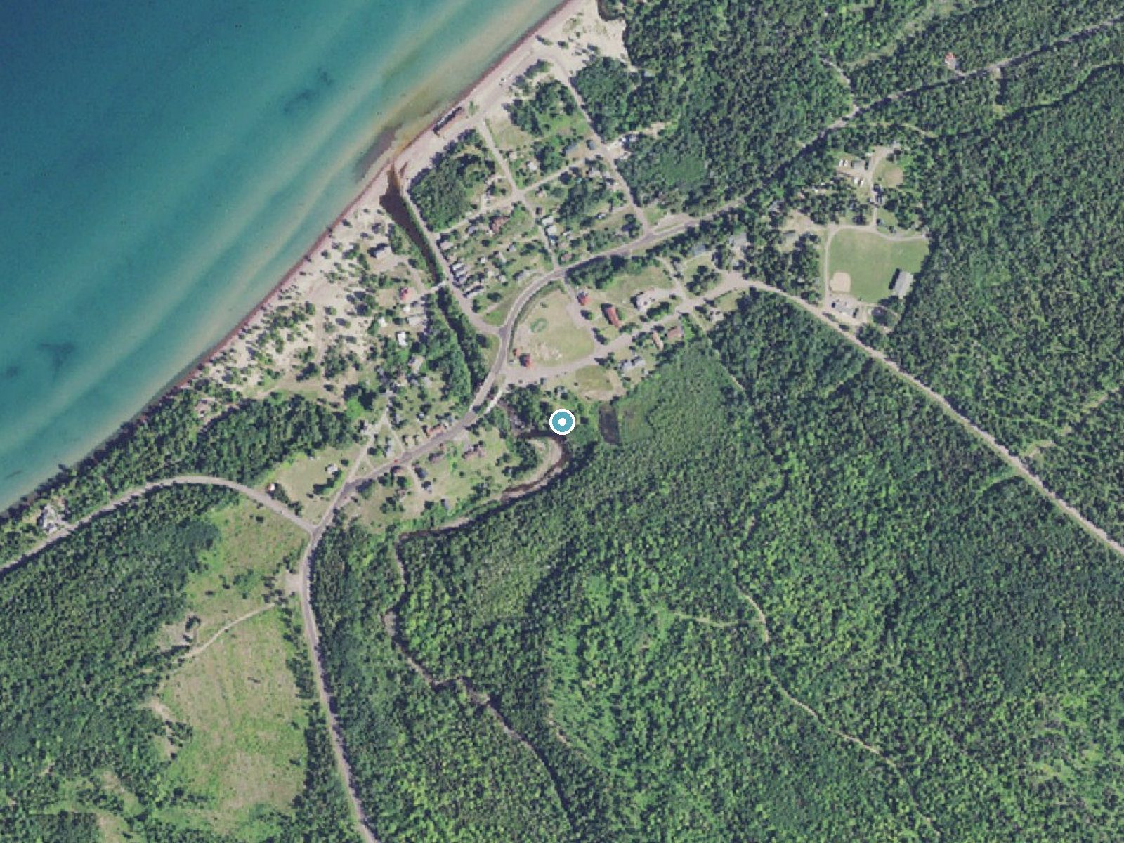 Aerial photo of the same ground around Eagle River Falls near Eagle River, Michigan, for comparison with the lidar view