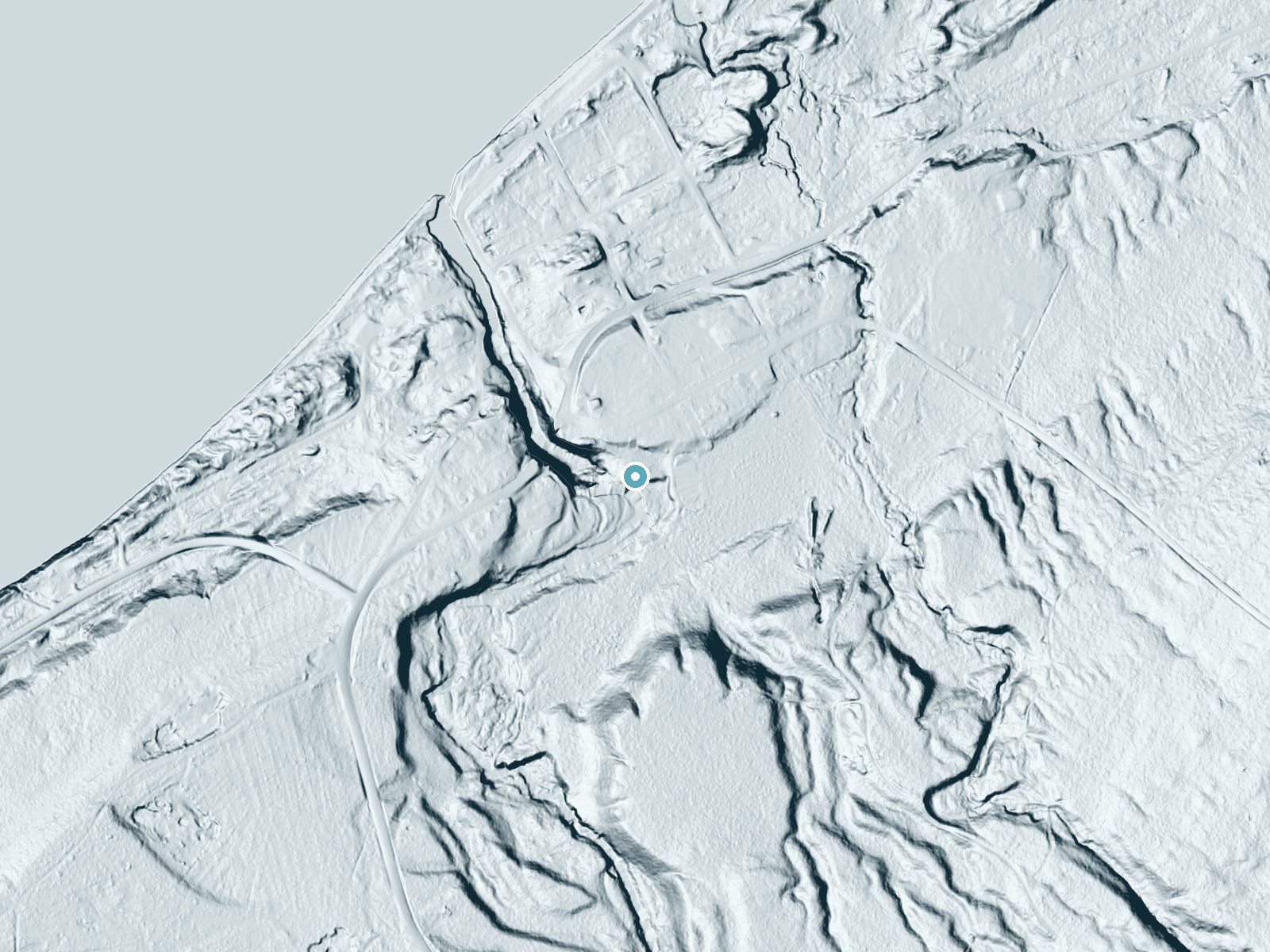 LiDAR bare-earth terrain around Eagle River Falls near Eagle River, Michigan, showing about 53 feet of drop, a long cascade, facing southwest