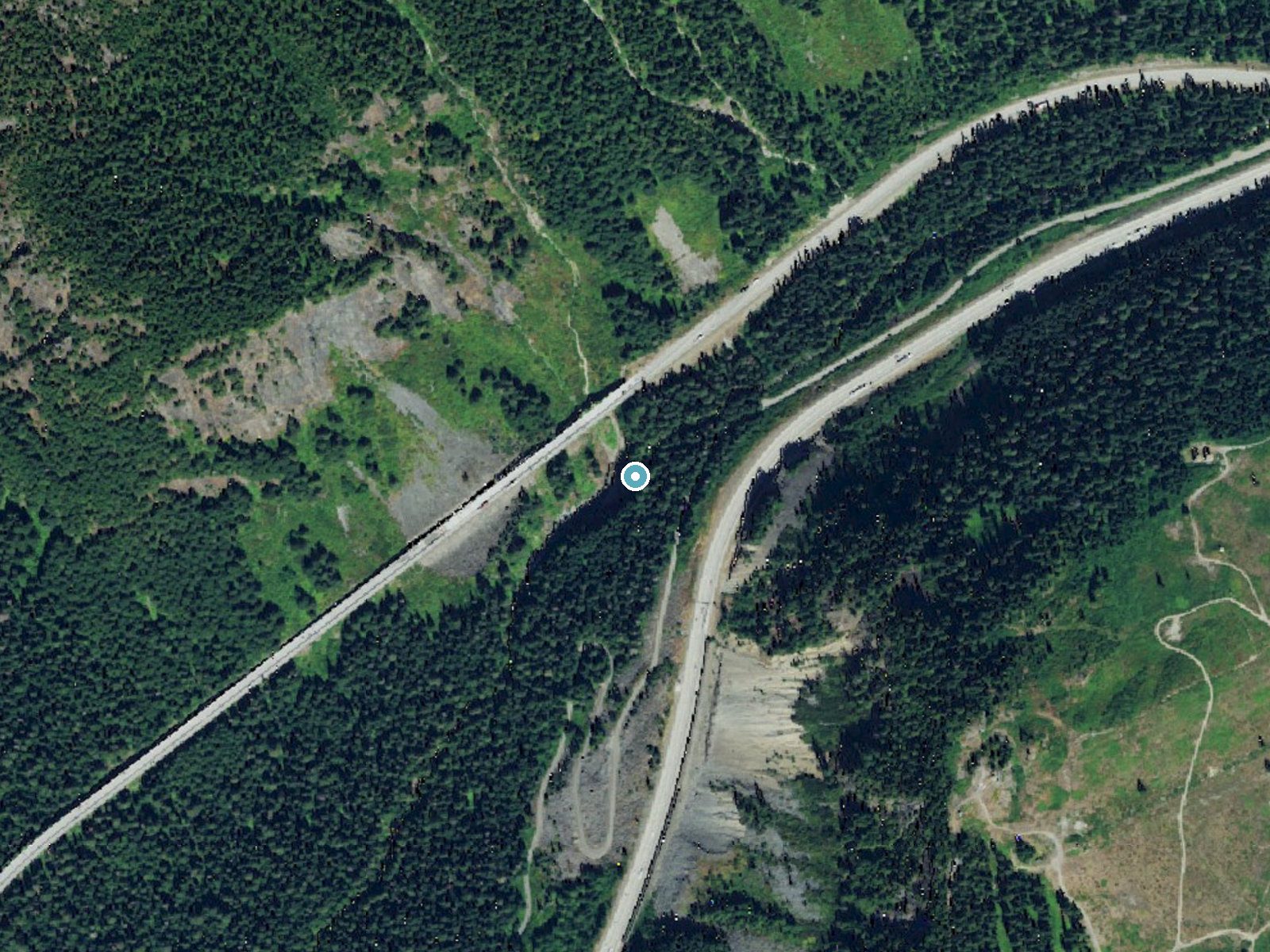 Aerial photo of the same ground around Franklin Falls near Snoqualmie Pass, Washington, for comparison with the lidar view