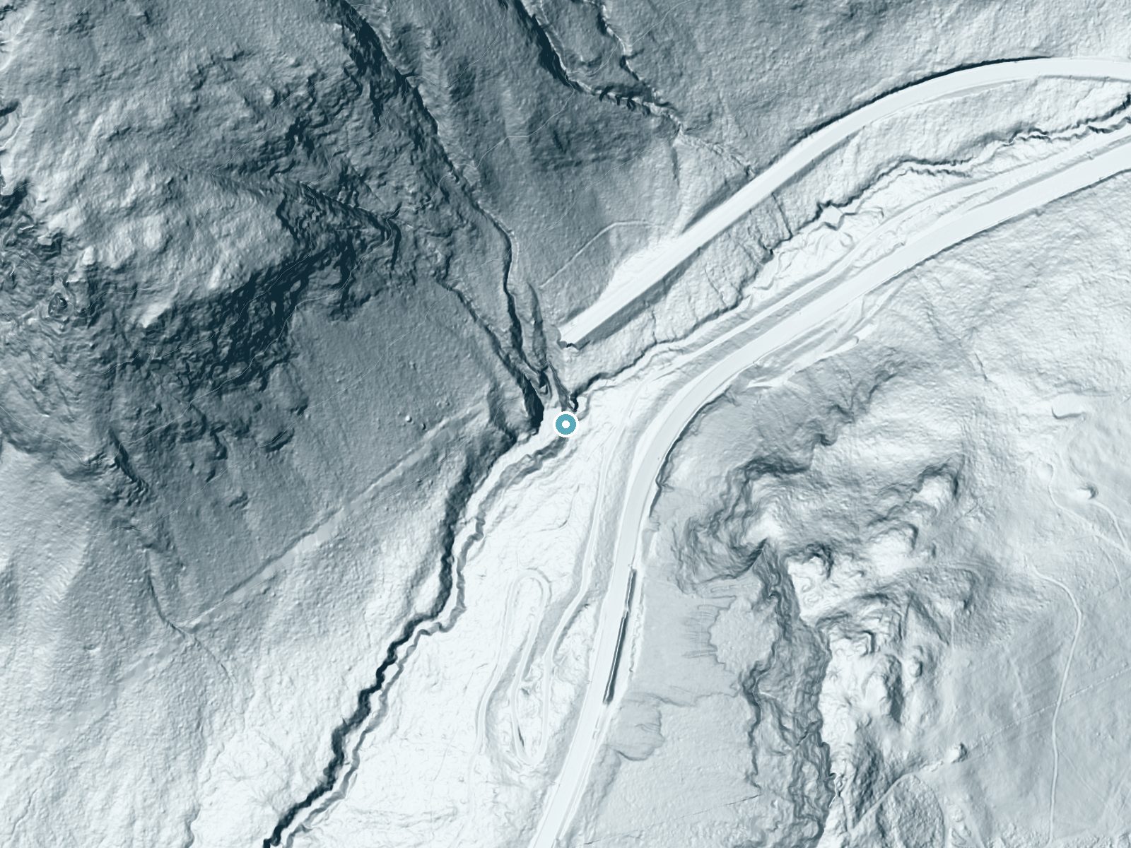 LiDAR bare-earth terrain around Franklin Falls near Snoqualmie Pass, Washington, showing about 189 feet of drop, a single sheer drop, facing west